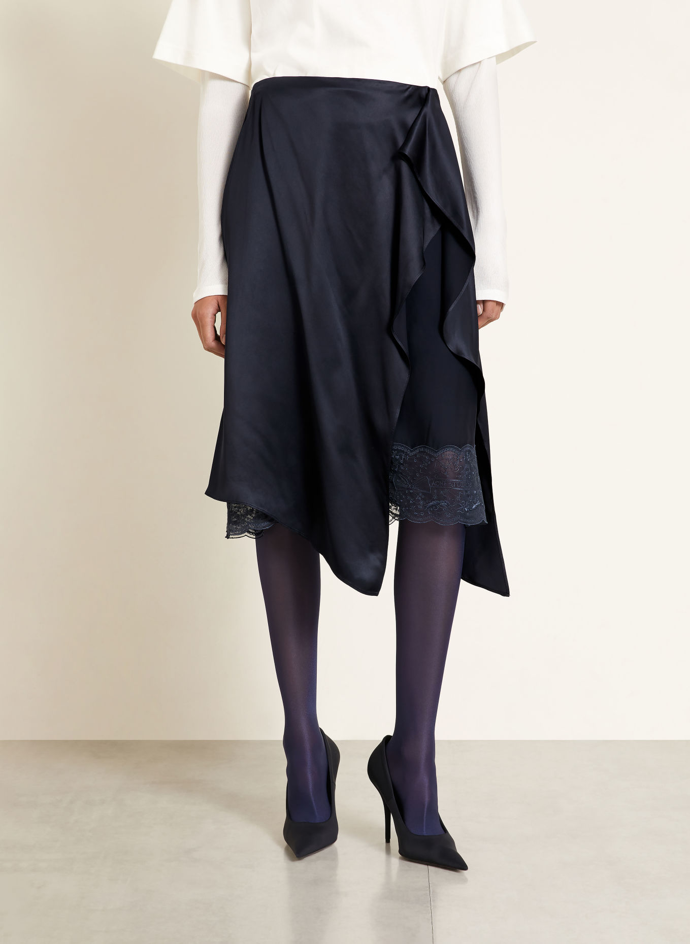 Acne Studios Wrap-style satin skirt with lace: DARK BLUE