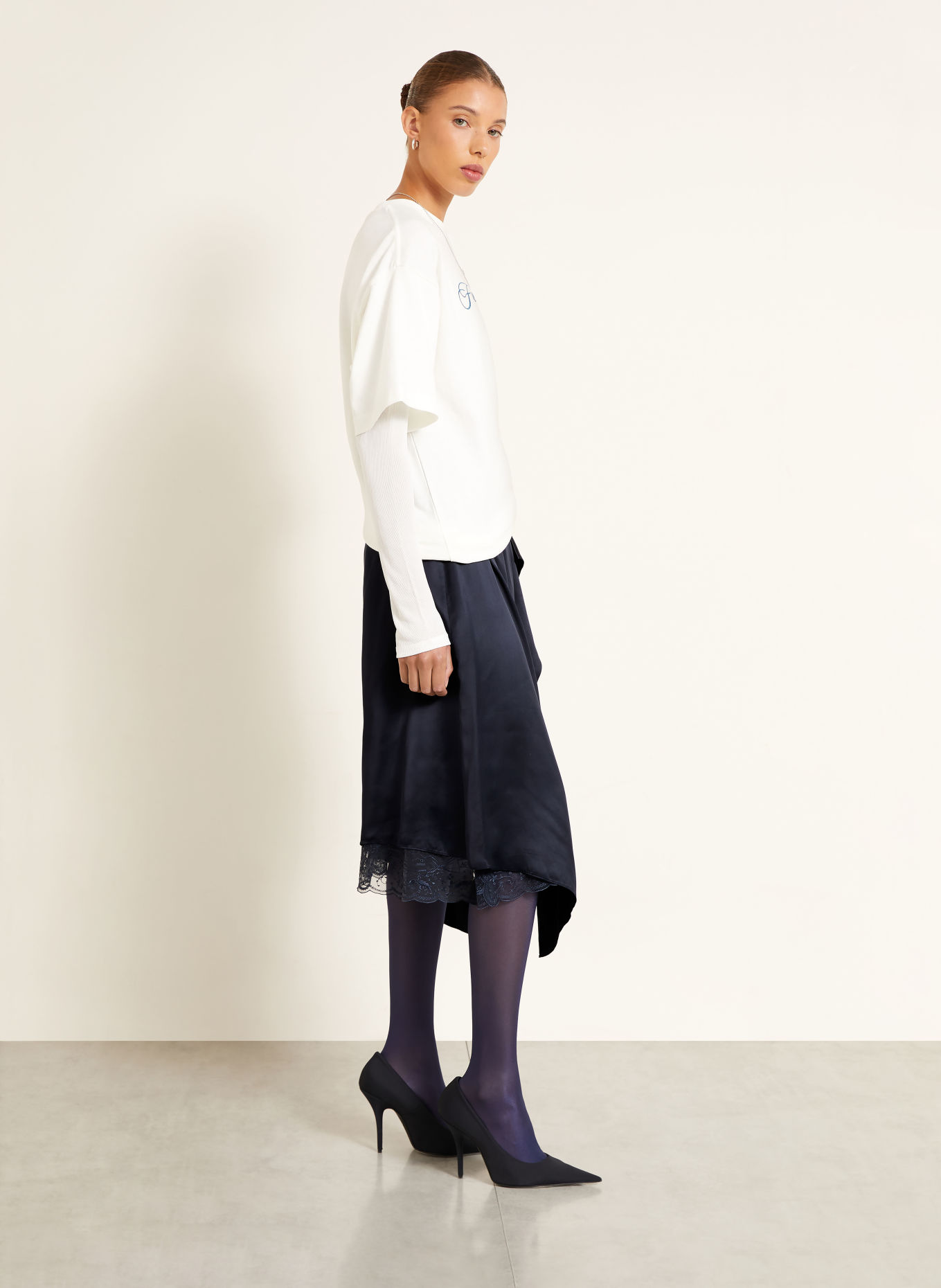Acne Studios Wrap-style satin skirt with lace: DARK BLUE