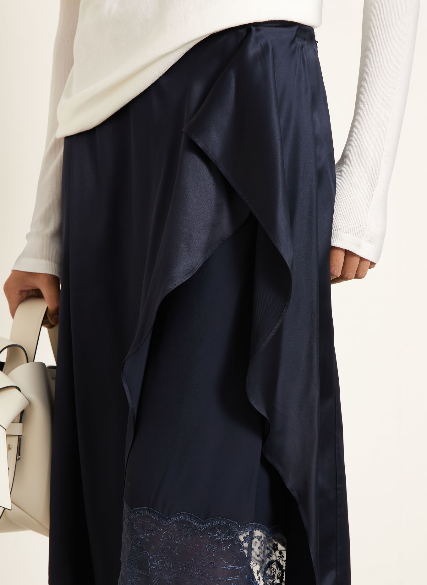Acne Studios Wrap-style satin skirt with lace: DARK BLUE