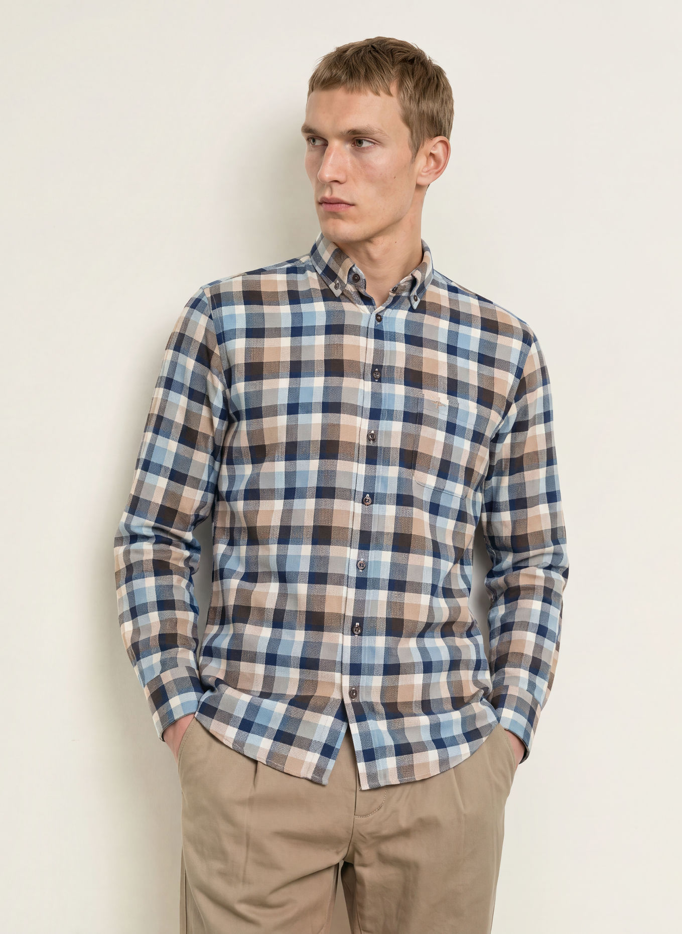 FYNCH-HATTON Flanellhemd Regular Fit: HELLBRAUN / ECRU / DUNKELBLAU