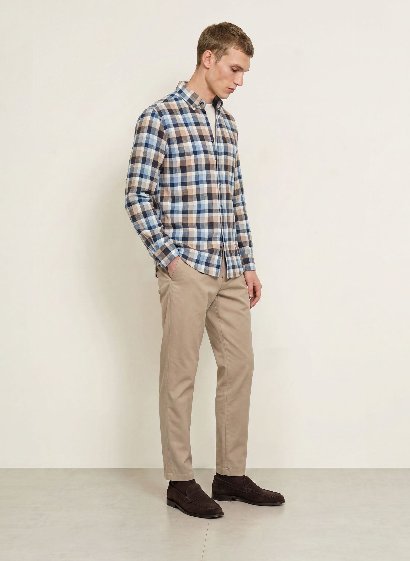 FYNCH-HATTON Flanellhemd Regular Fit: HELLBRAUN / ECRU / DUNKELBLAU