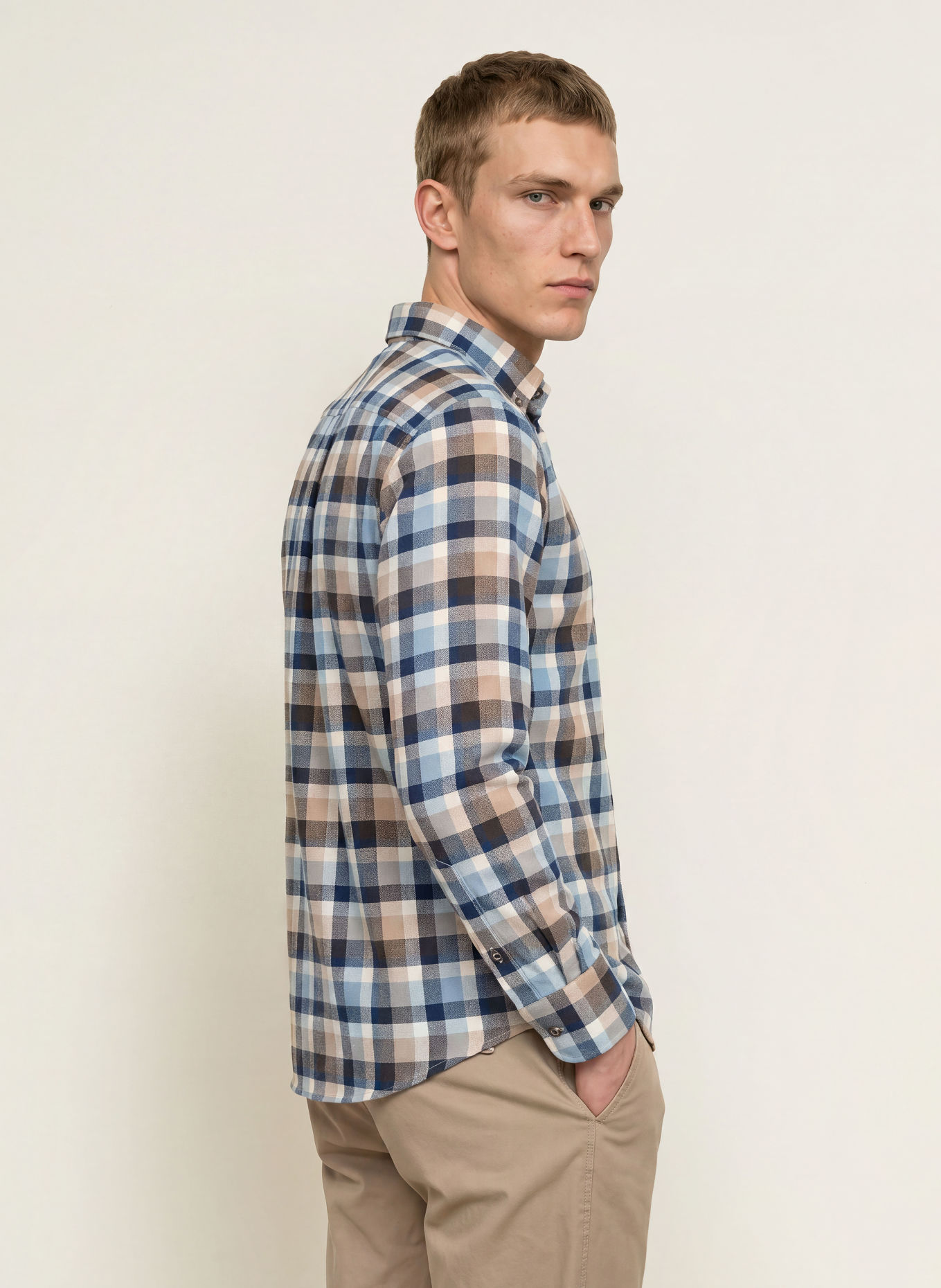 FYNCH-HATTON Flanellhemd Regular Fit: HELLBRAUN / ECRU / DUNKELBLAU