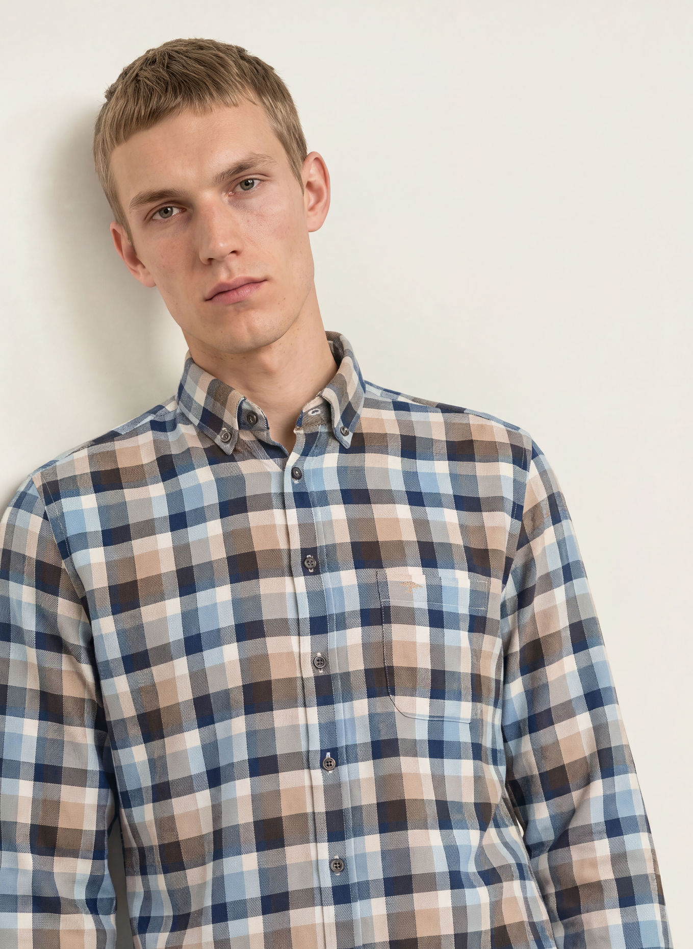 FYNCH-HATTON Flanellhemd Regular Fit: HELLBRAUN / ECRU / DUNKELBLAU