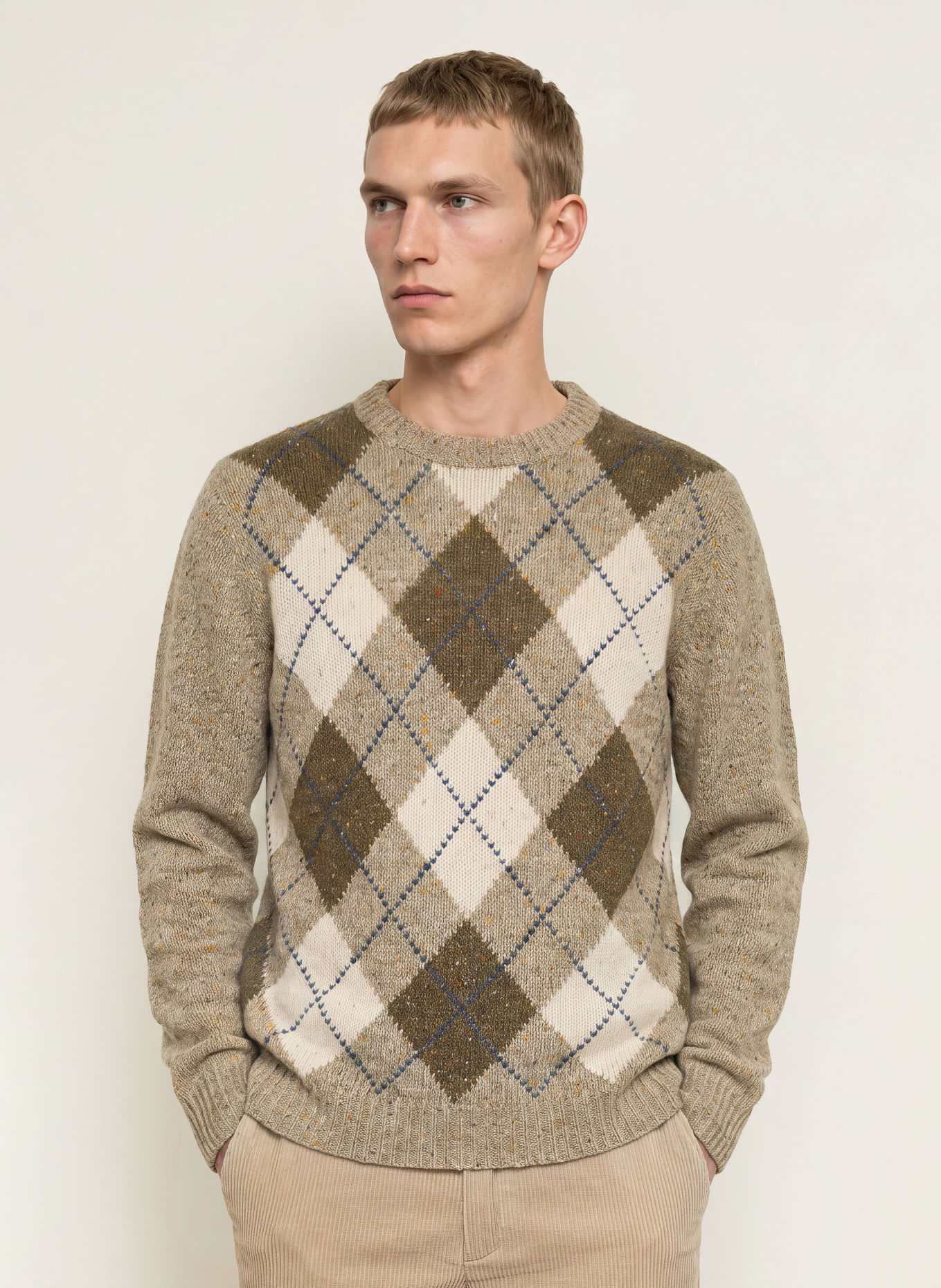 FYNCH-HATTON Pullover: KHAKI / CREME / GRAU