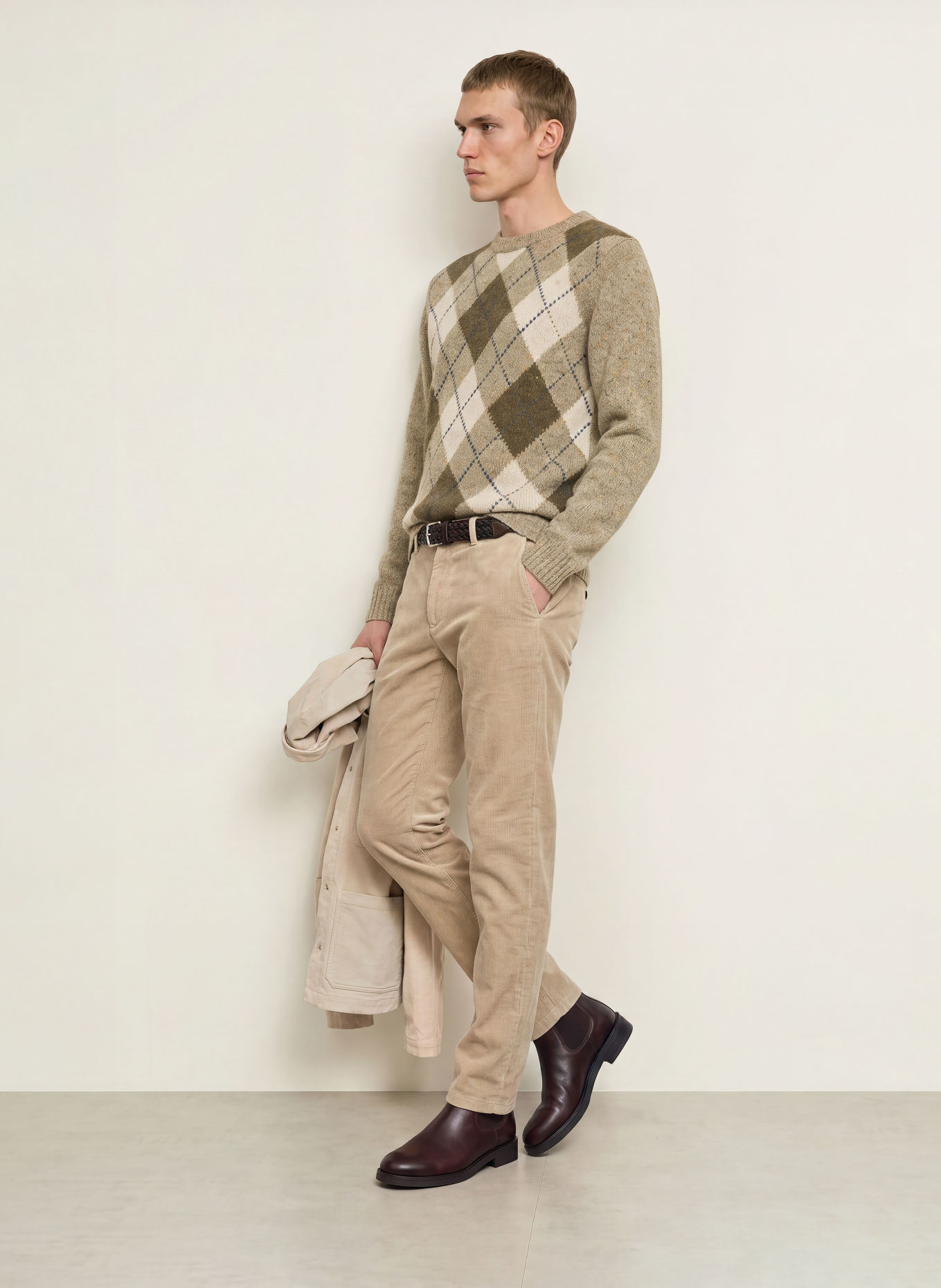 FYNCH-HATTON Pullover: KHAKI / CREME / GRAU