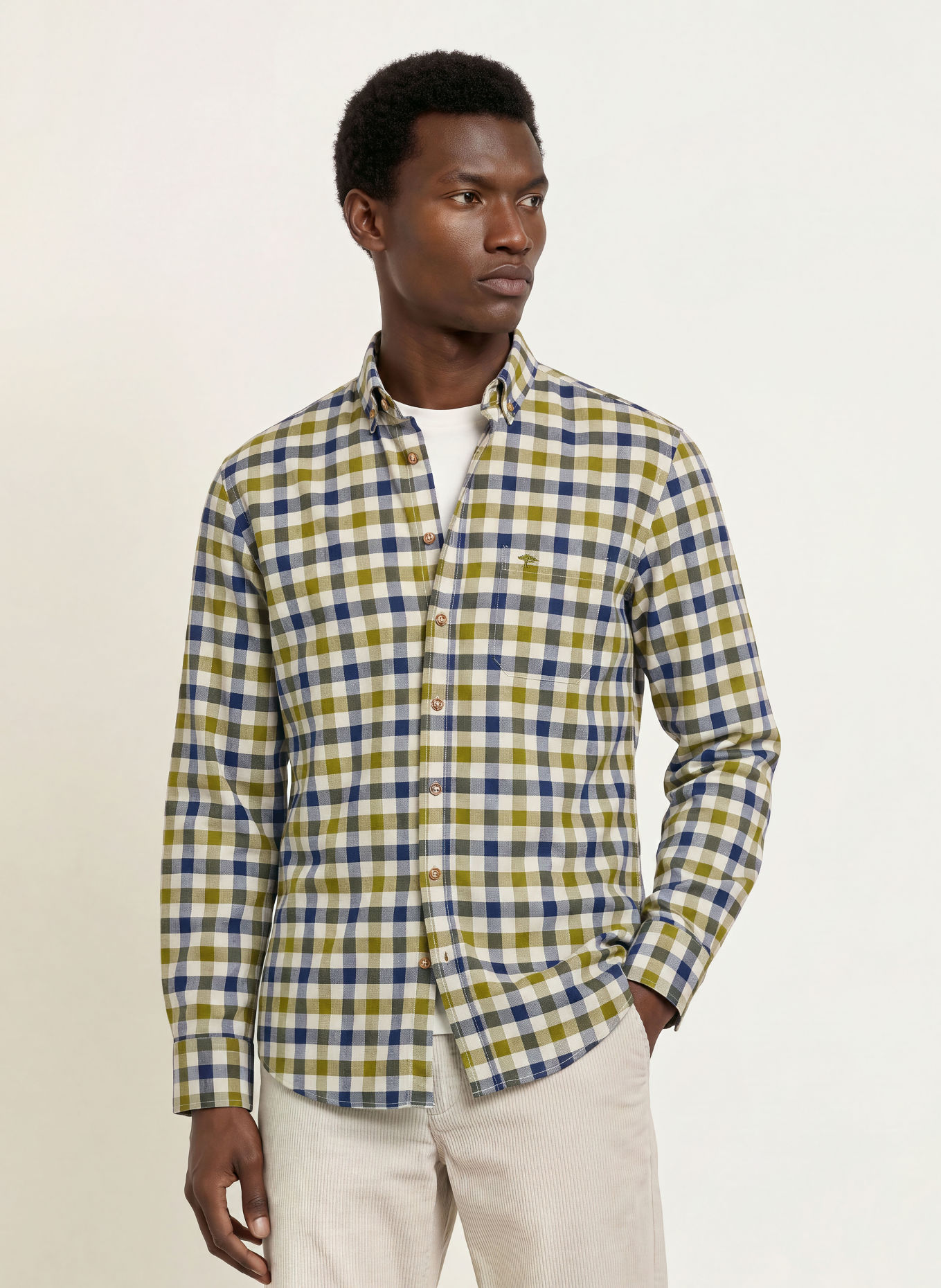 FYNCH-HATTON Hemd Regular Fit: OLIV / CREME / DUNKELBLAU