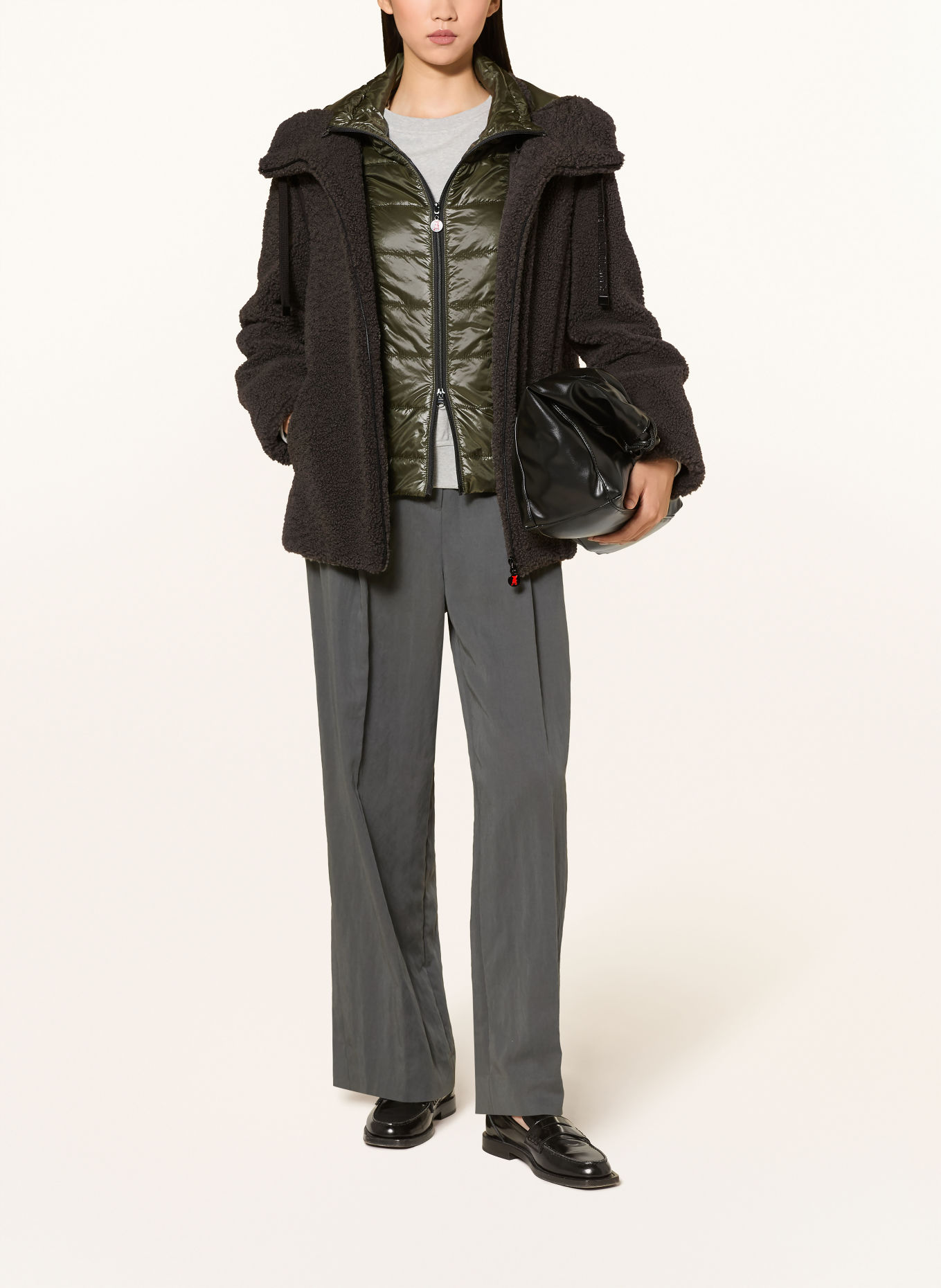 FRIEDA & FREDDIES Teddyfell-Jacke: KHAKI / SCHWARZ
