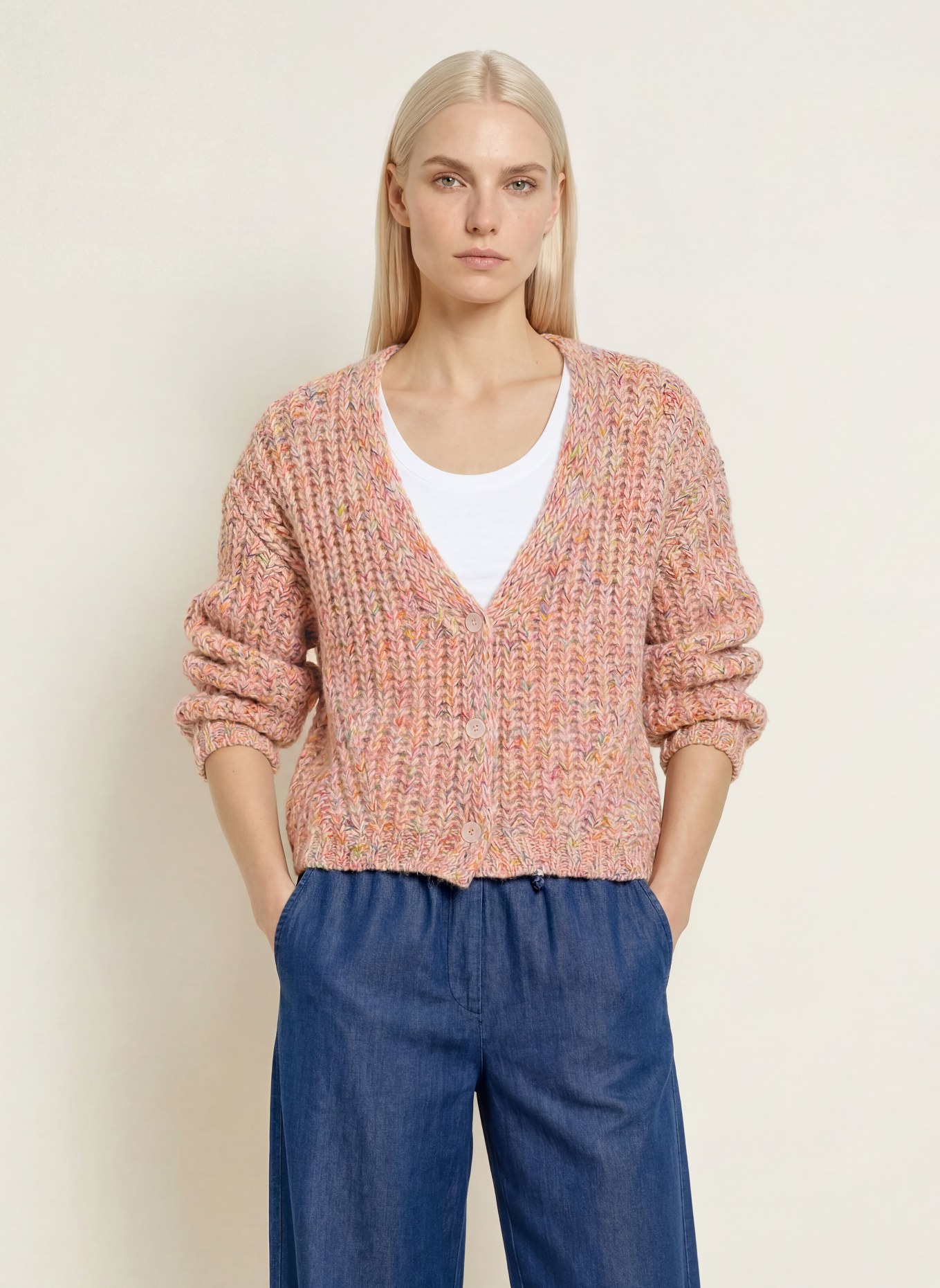 MILANO ITALY Cardigan with glitter yarn: BEIGE / NEON PINK / NEON GREEN