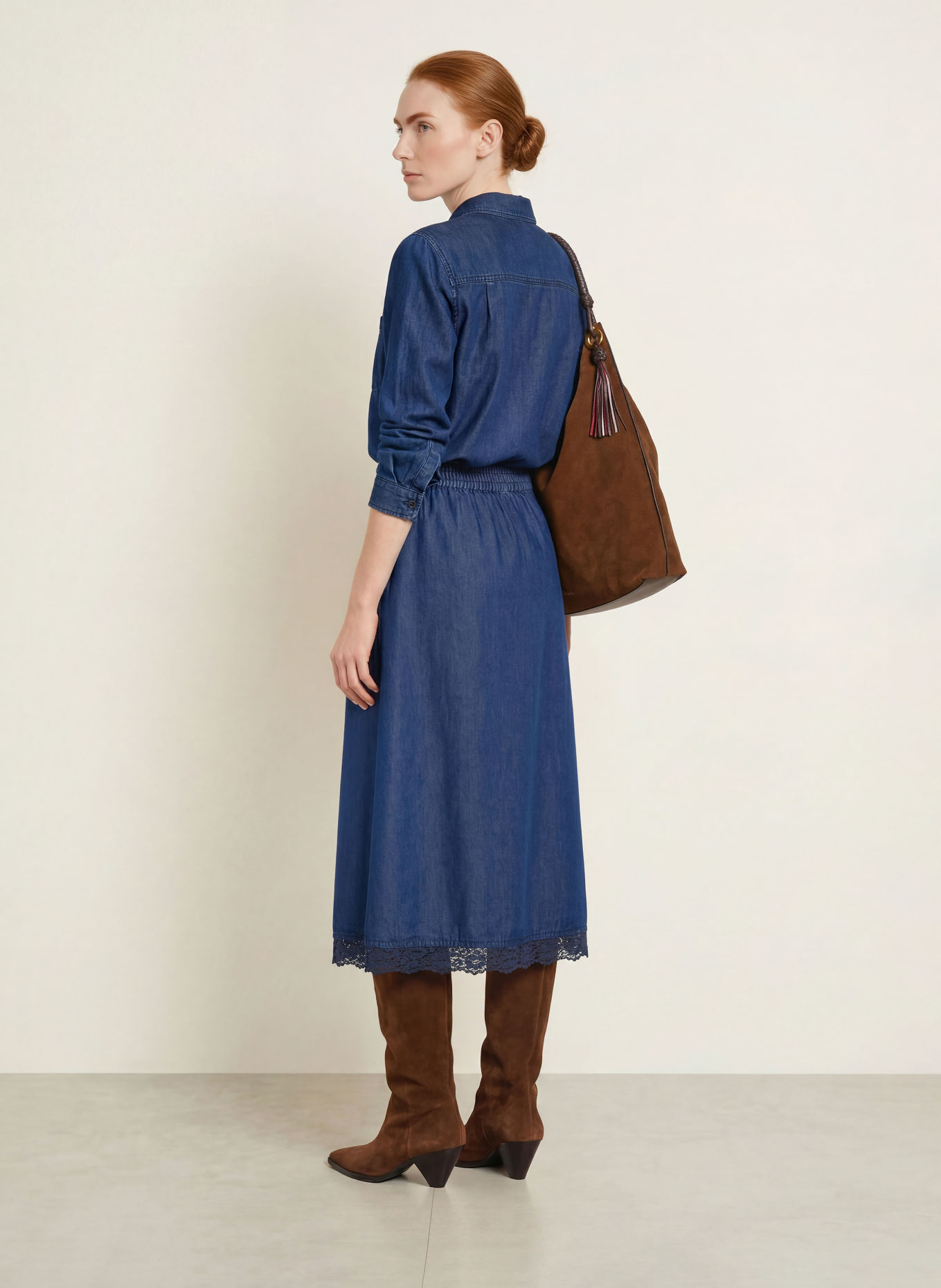 MILANO ITALY Hemdbluse in Jeansoptik mit Spitze: BLAU