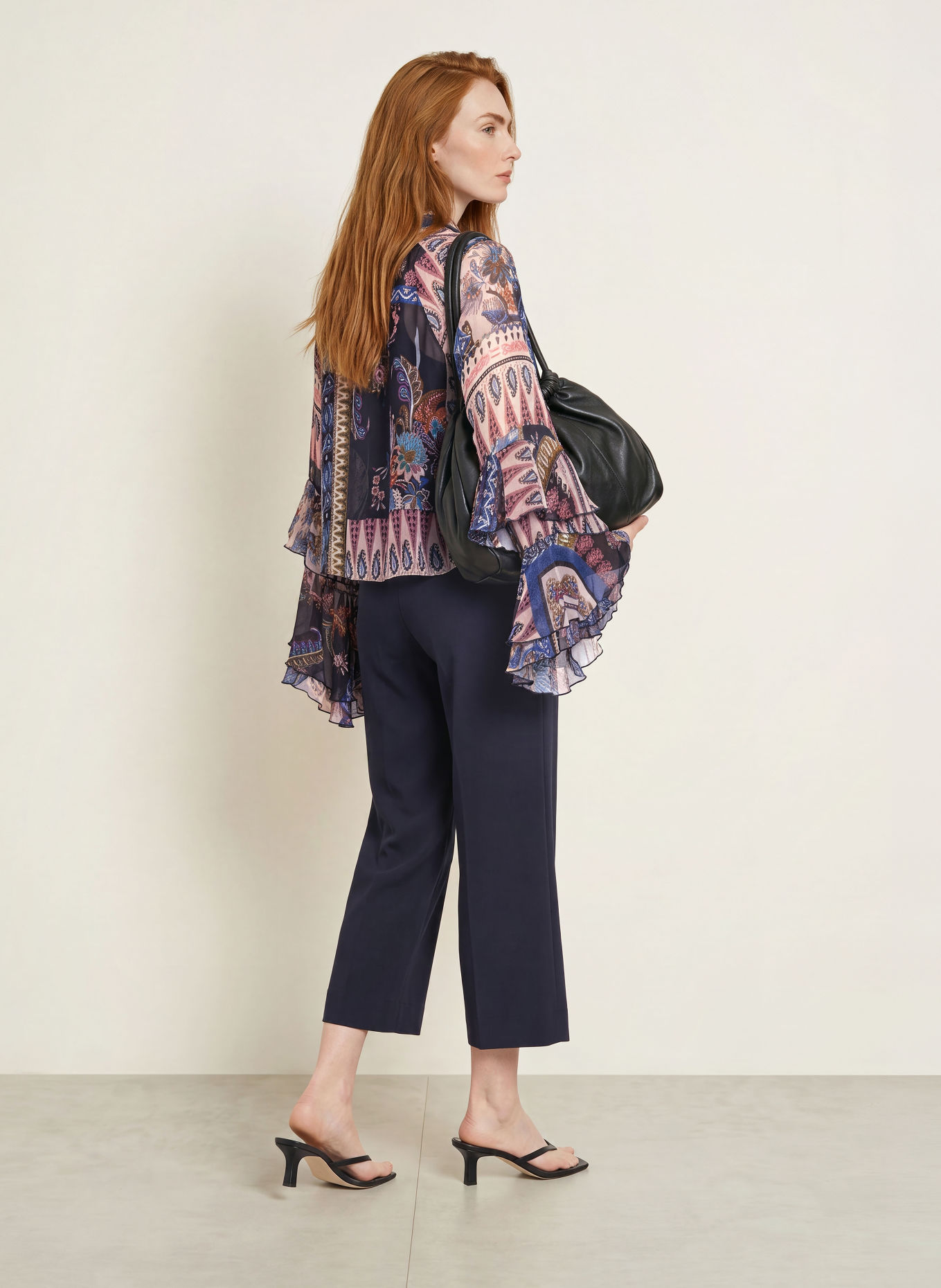 MILANO ITALY Schluppenbluse mit Volants: DUNKELBLAU / ALTROSA / BEIGE
