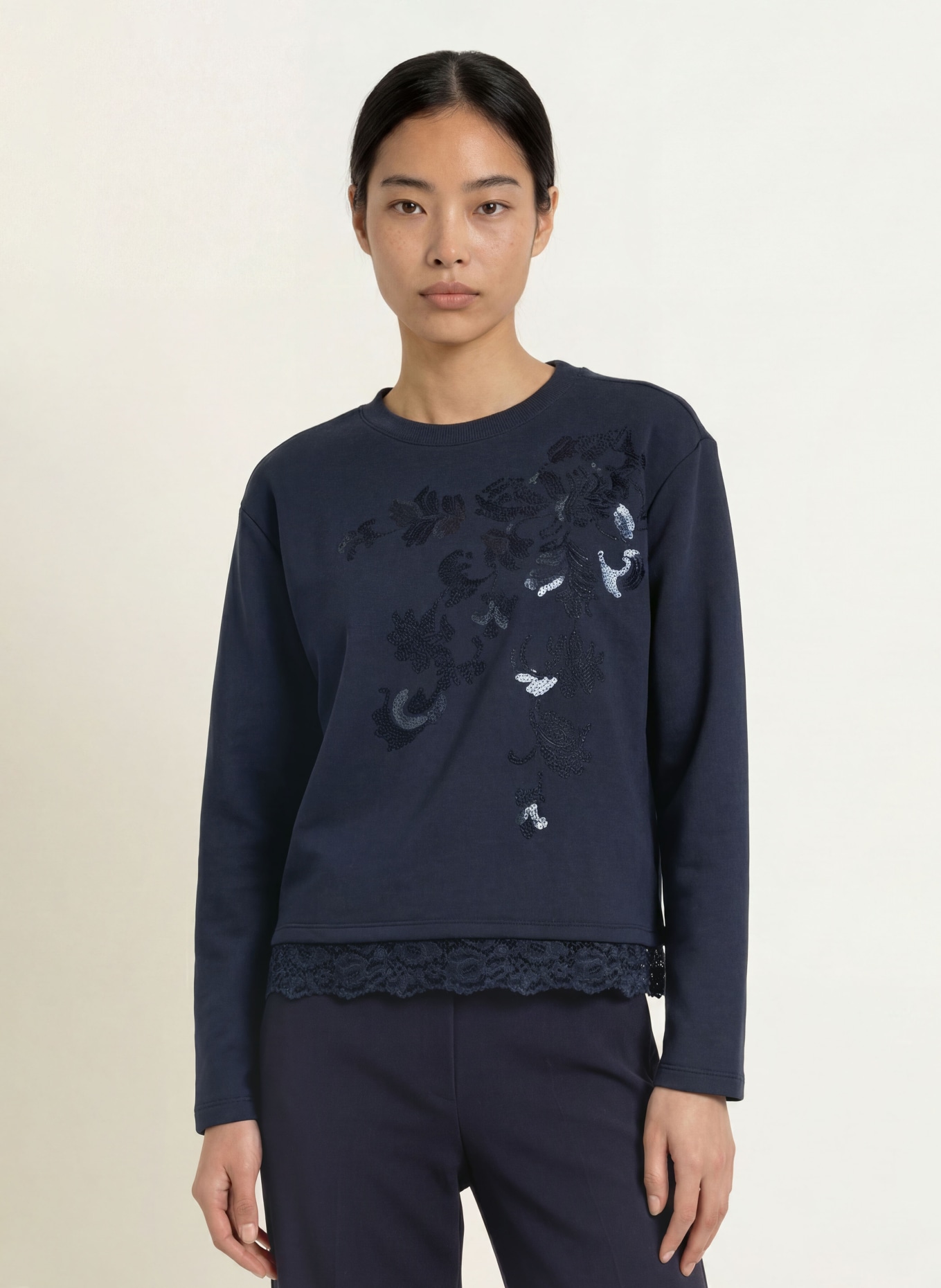 MILANO ITALY Sweatshirt met pailletten en kant: DONKERBLAUW