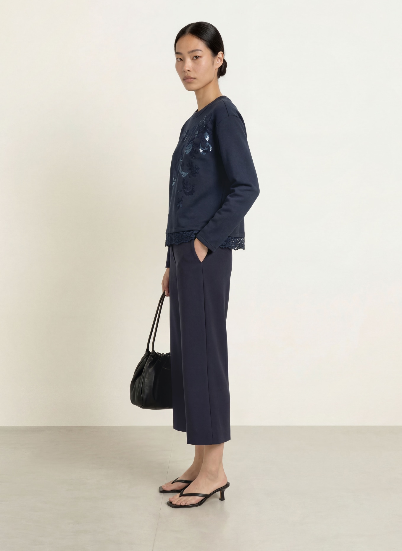 MILANO ITALY Sweatshirt met pailletten en kant: DONKERBLAUW