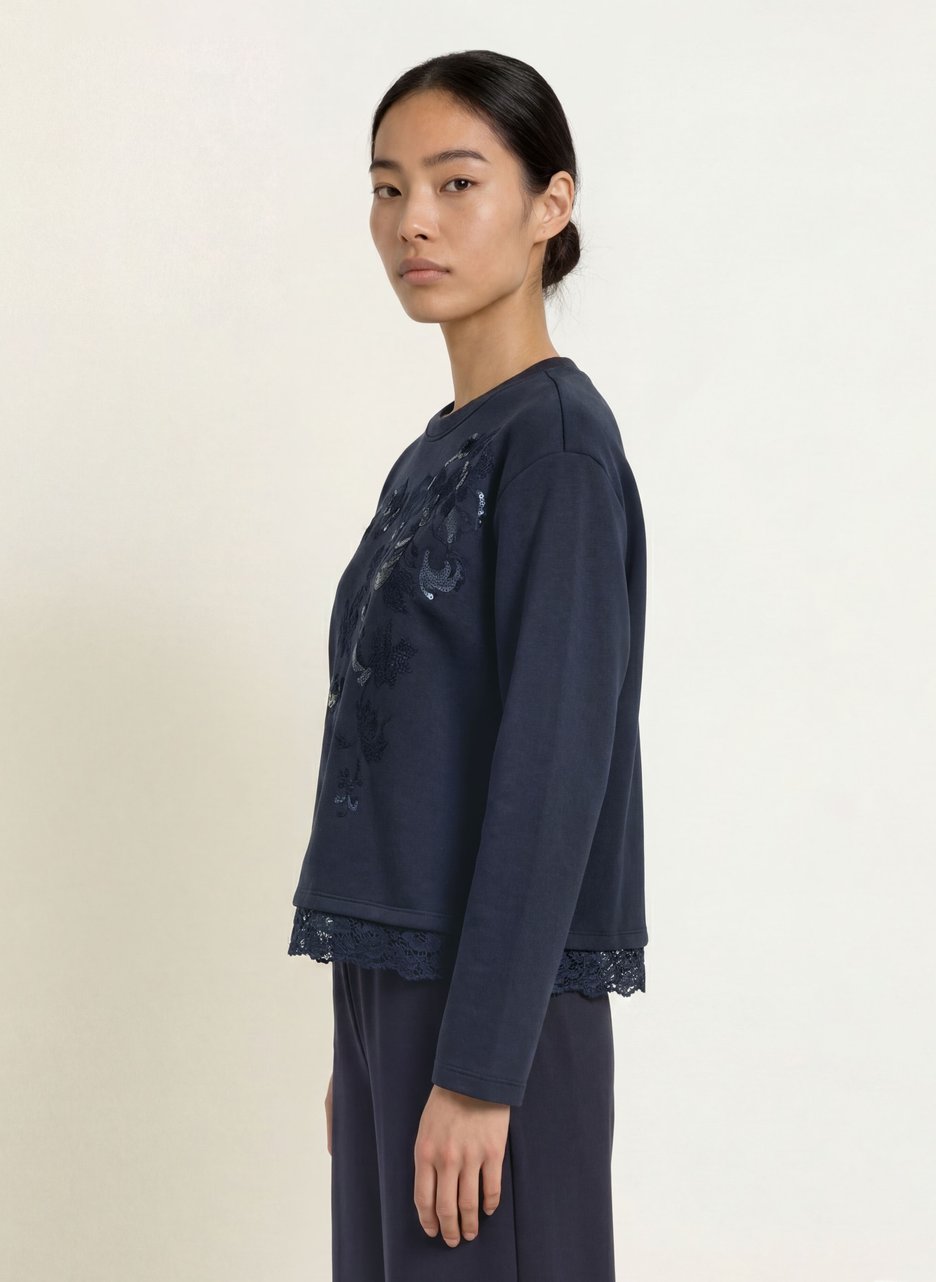 MILANO ITALY Sweatshirt met pailletten en kant: DONKERBLAUW
