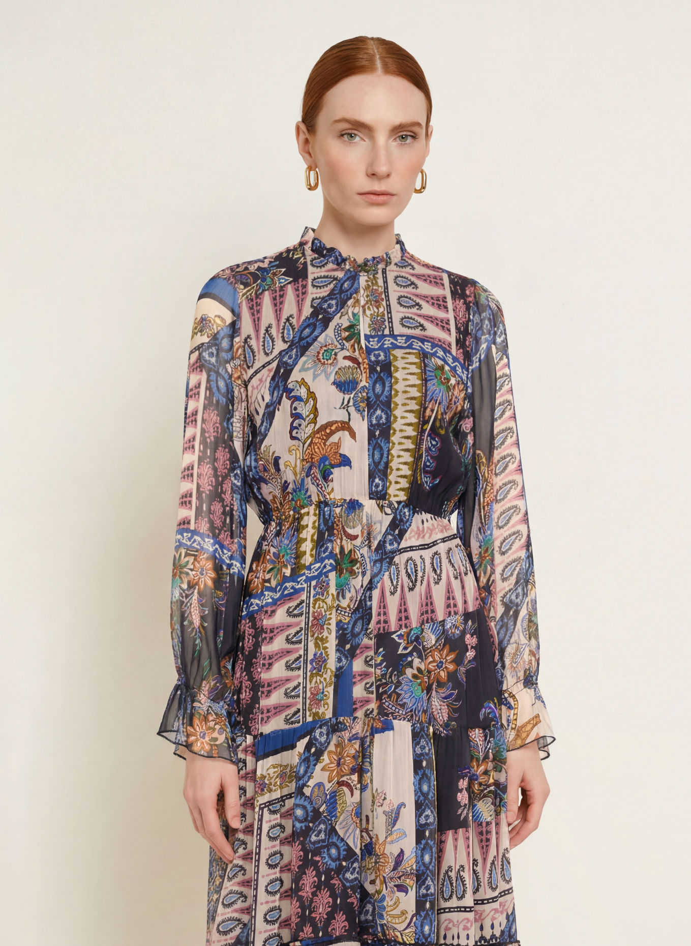 MILANO ITALY Dress with ruffles: DARK BLUE / PINK / CREAM