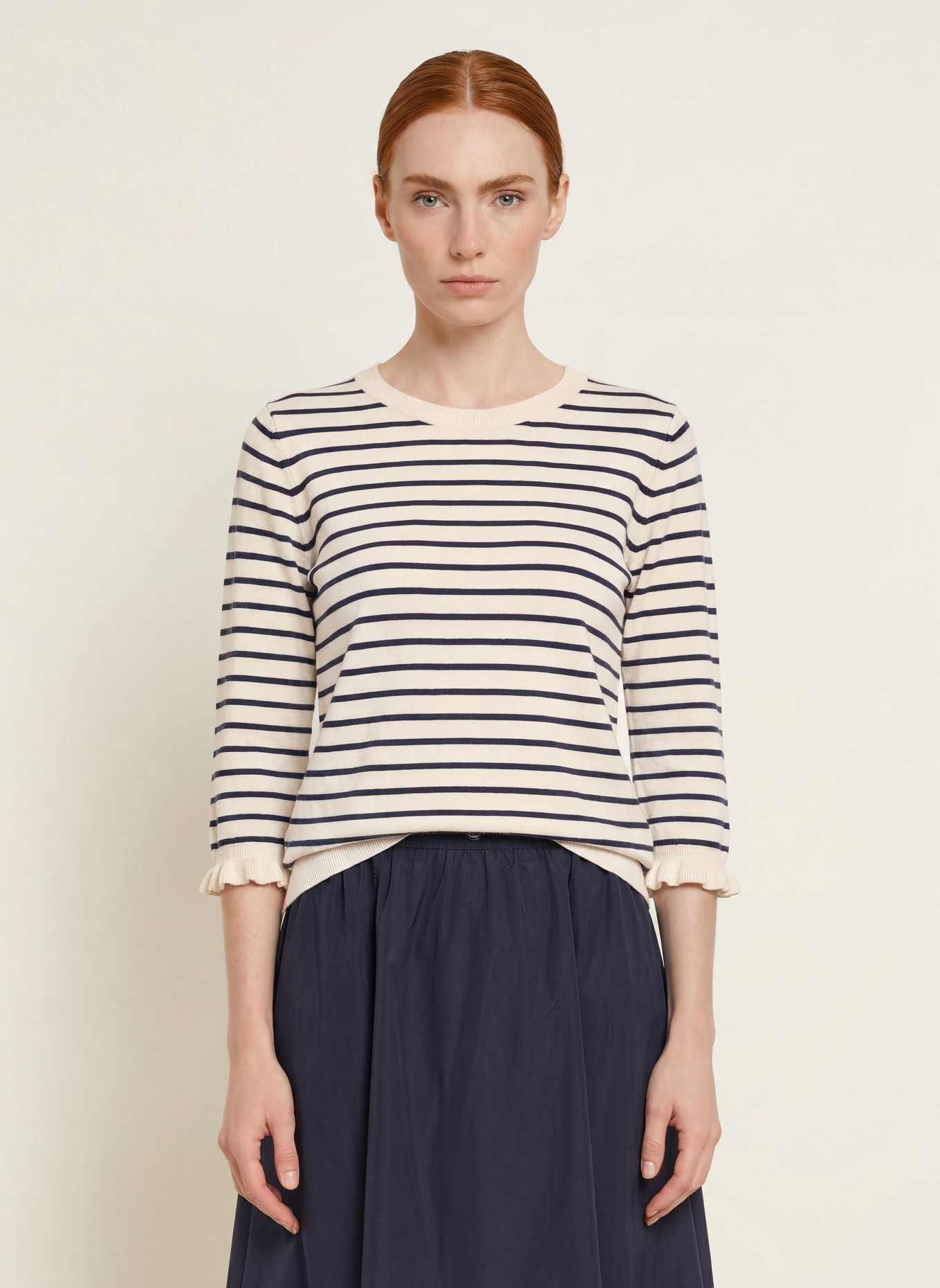 MILANO ITALY Sweater with 3/4-length sleeves and ruffles: CREAM / DARK BLUE