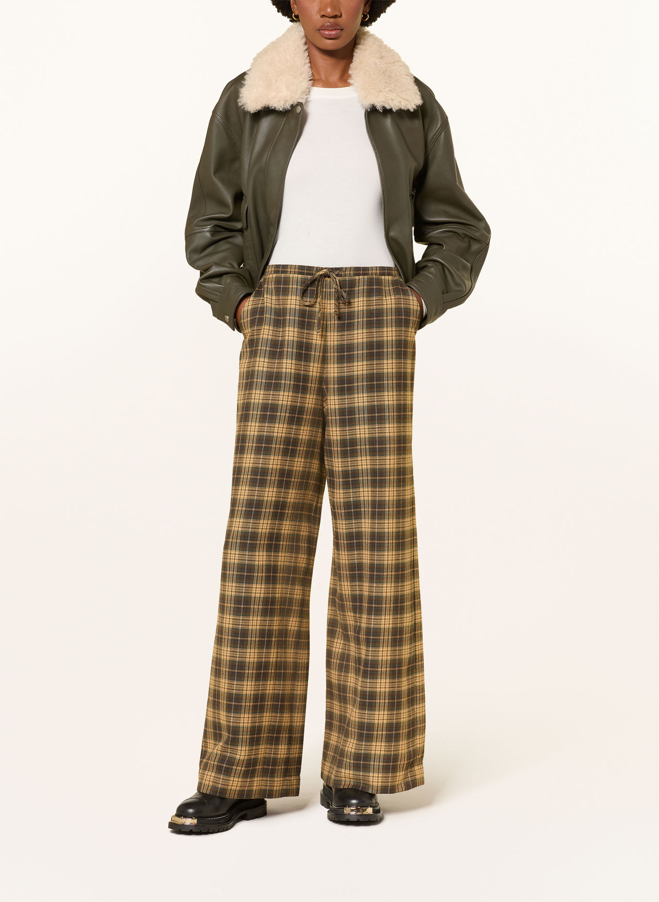 MRS & HUGS Pantalon palazzo en flanelle: MARRON FONCÉ / JAUNE FONCÉ