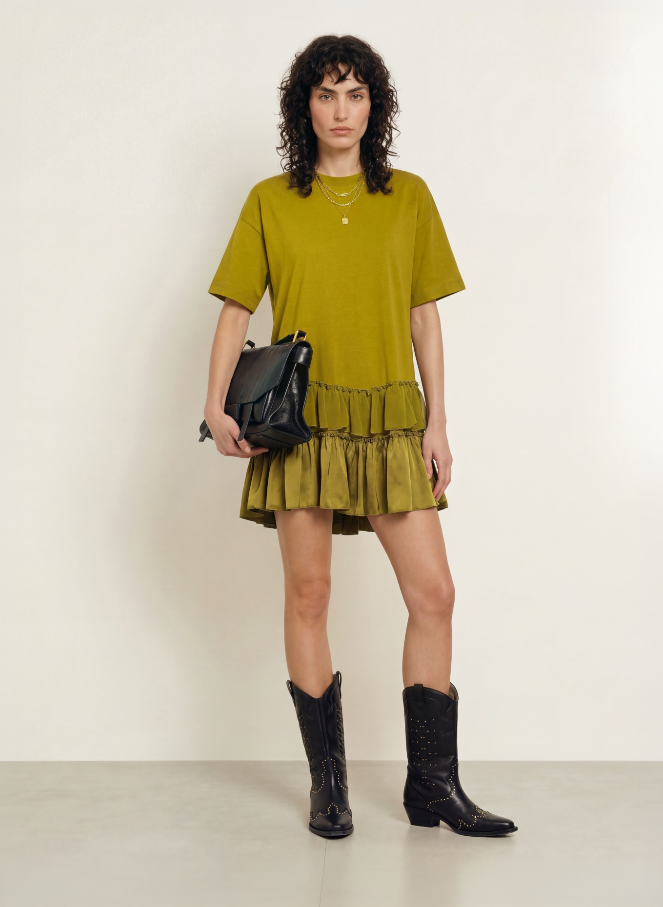 ALLSAINTS FEYRE jersey dress in a mix of materials: OLIVE