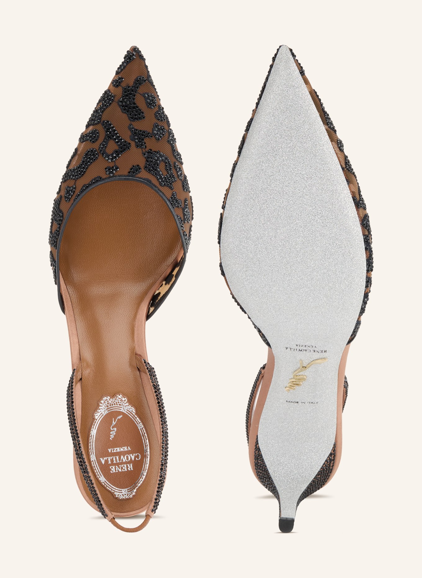 RENE CAOVILLA Slingbacks met sierstenen: BRUIN / ZWART