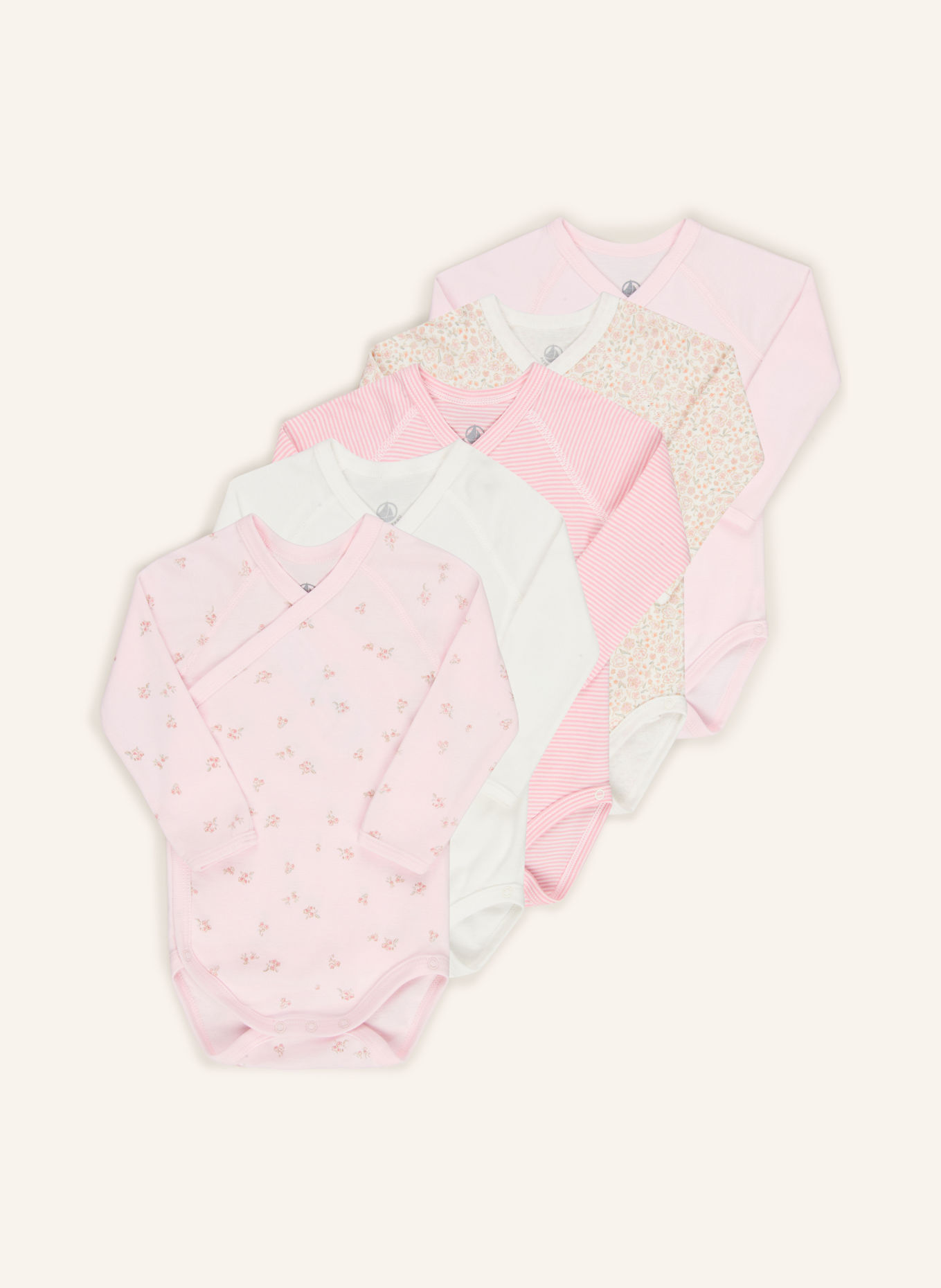 PETIT BATEAU 5-Pack of Wrap-Around Bodysuits: PINK / DUSKY PINK / WHITE