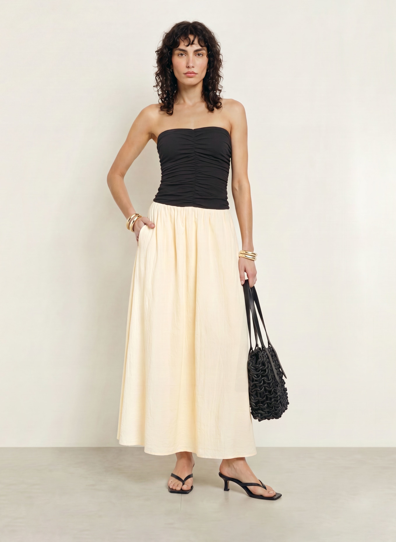 FAITHFULL THE BRAND SANT ROC Off-the-shoulder dress: BLACK / CREAM