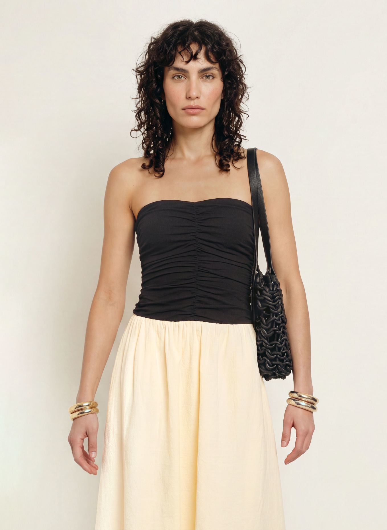 FAITHFULL THE BRAND SANT ROC Off-the-shoulder dress: BLACK / CREAM