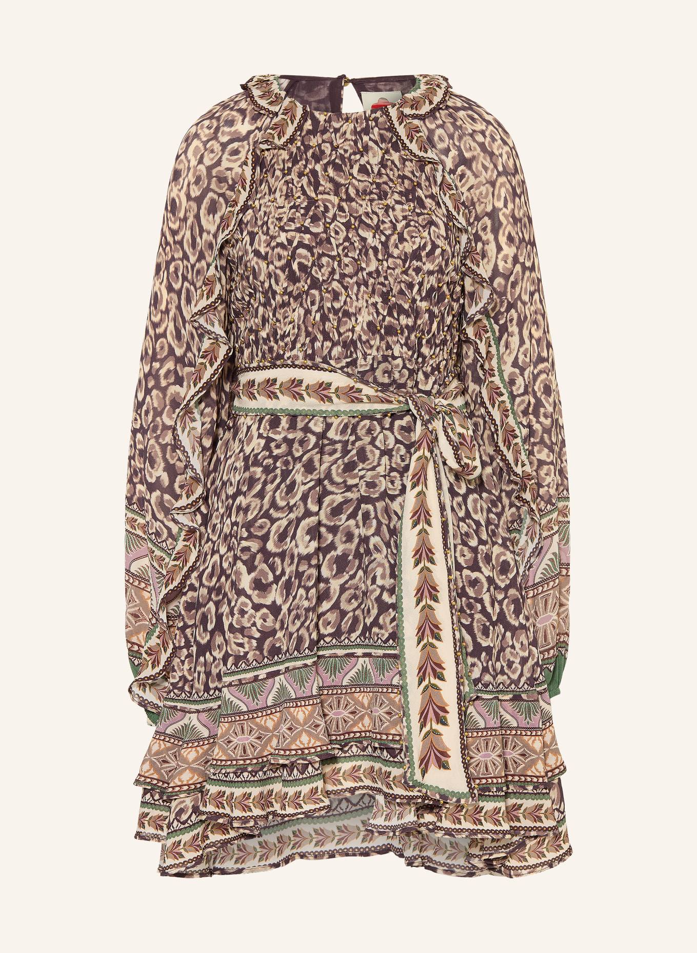 FARM RIO Jurk met volants en sierstenen: MARRON FONCÉ / BRUIN / BEIGE