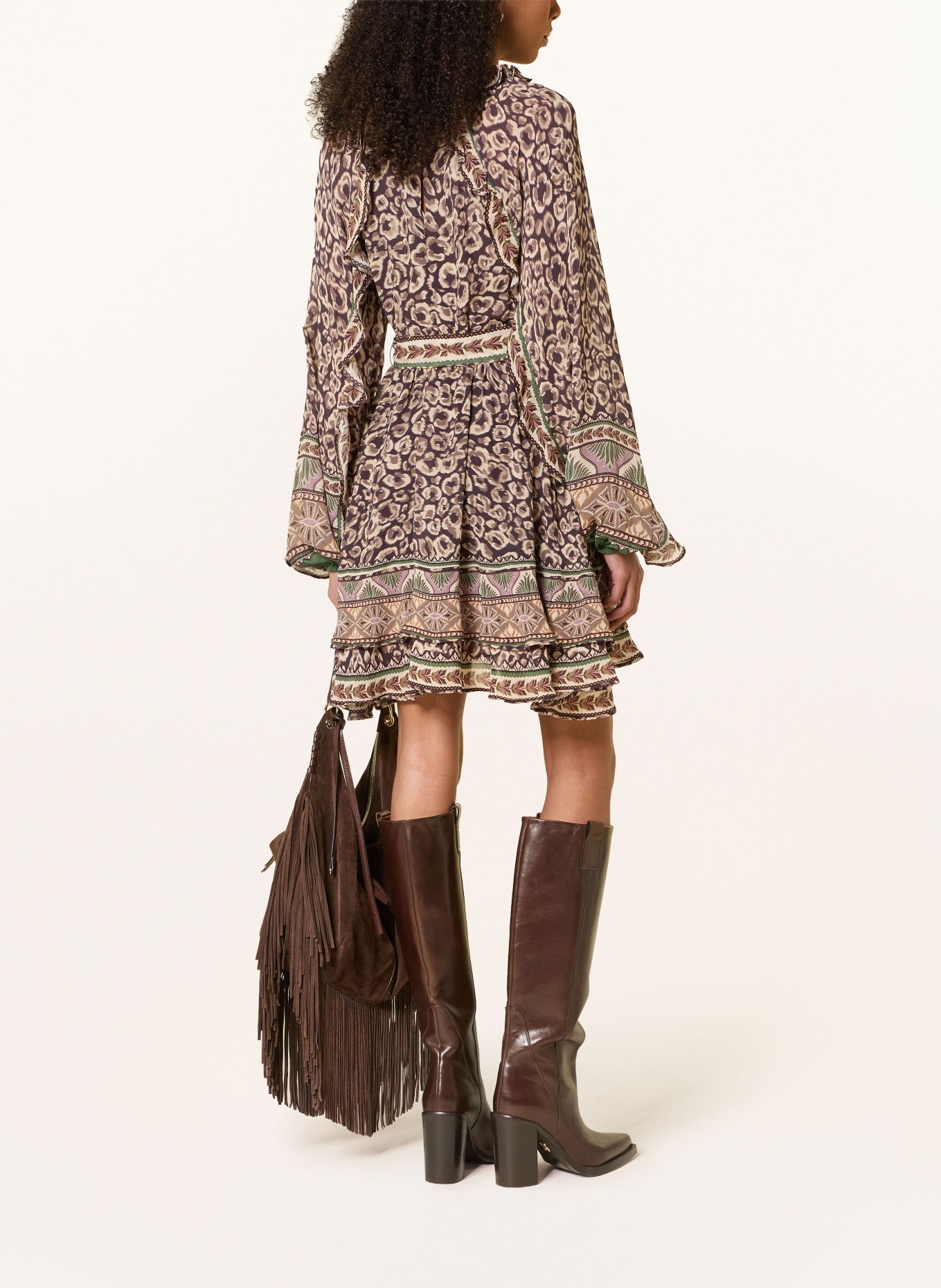 FARM RIO Jurk met volants en sierstenen: MARRON FONCÉ / BRUIN / BEIGE