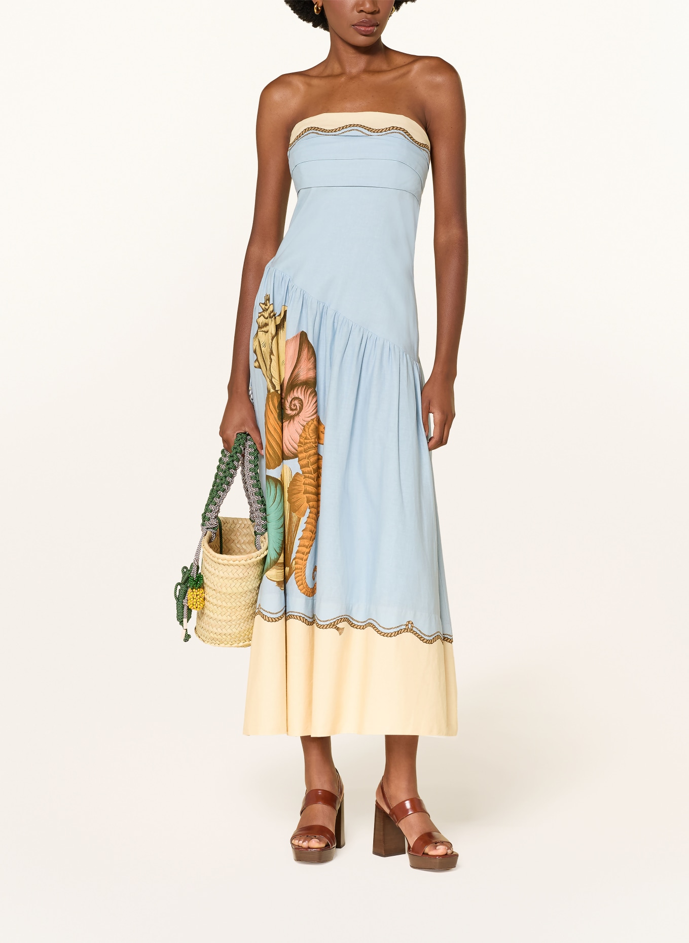 FARM RIO Off-Shoulder-Kleid RIO SOUVENIR mit Leinen: HELLBLAU / CREME / DUNKELORANGE