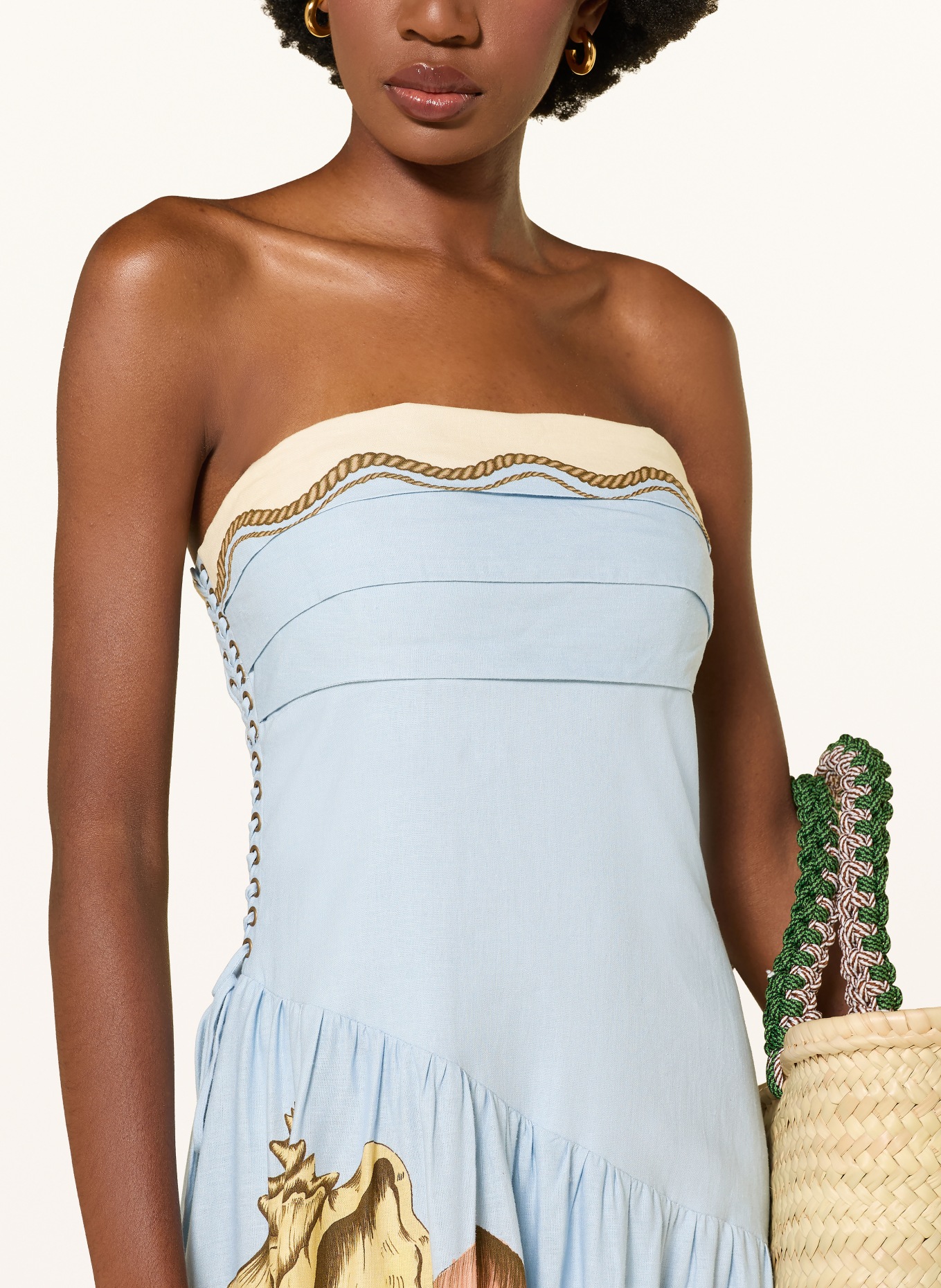 FARM RIO Off-Shoulder-Kleid RIO SOUVENIR mit Leinen: HELLBLAU / CREME / DUNKELORANGE