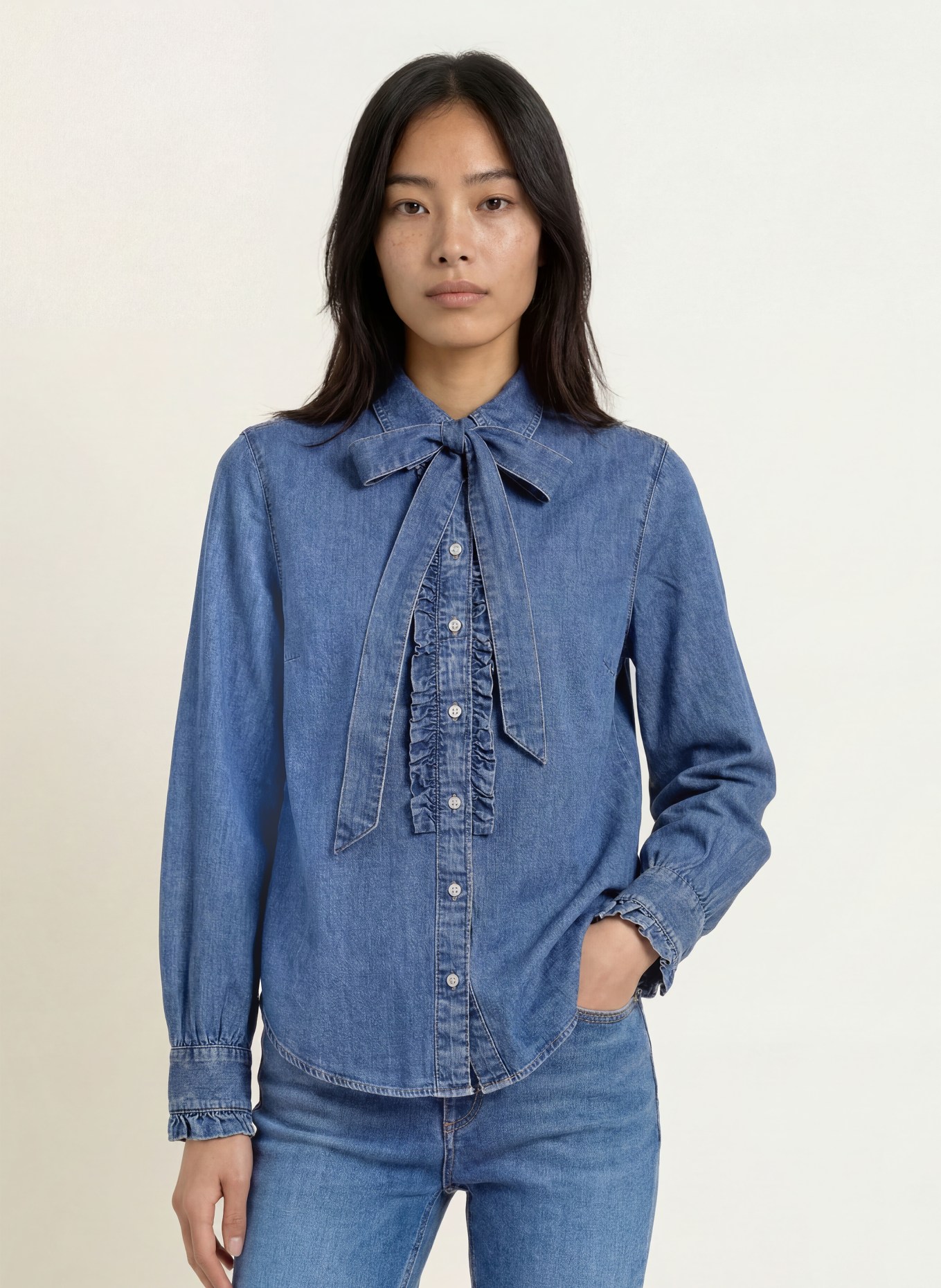 BRAX Jeansbluse VICTORIA mit abnehmbarer Schluppe: BLAU