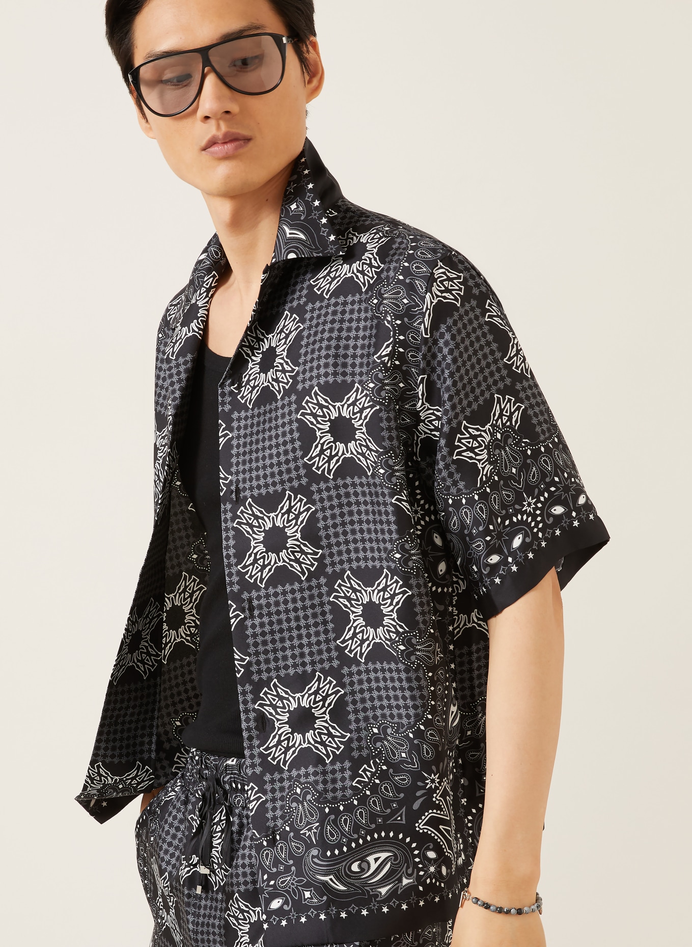 AMIRI Resorthemd Comfort Fit aus Seide: SCHWARZ / GRAU / WEISS