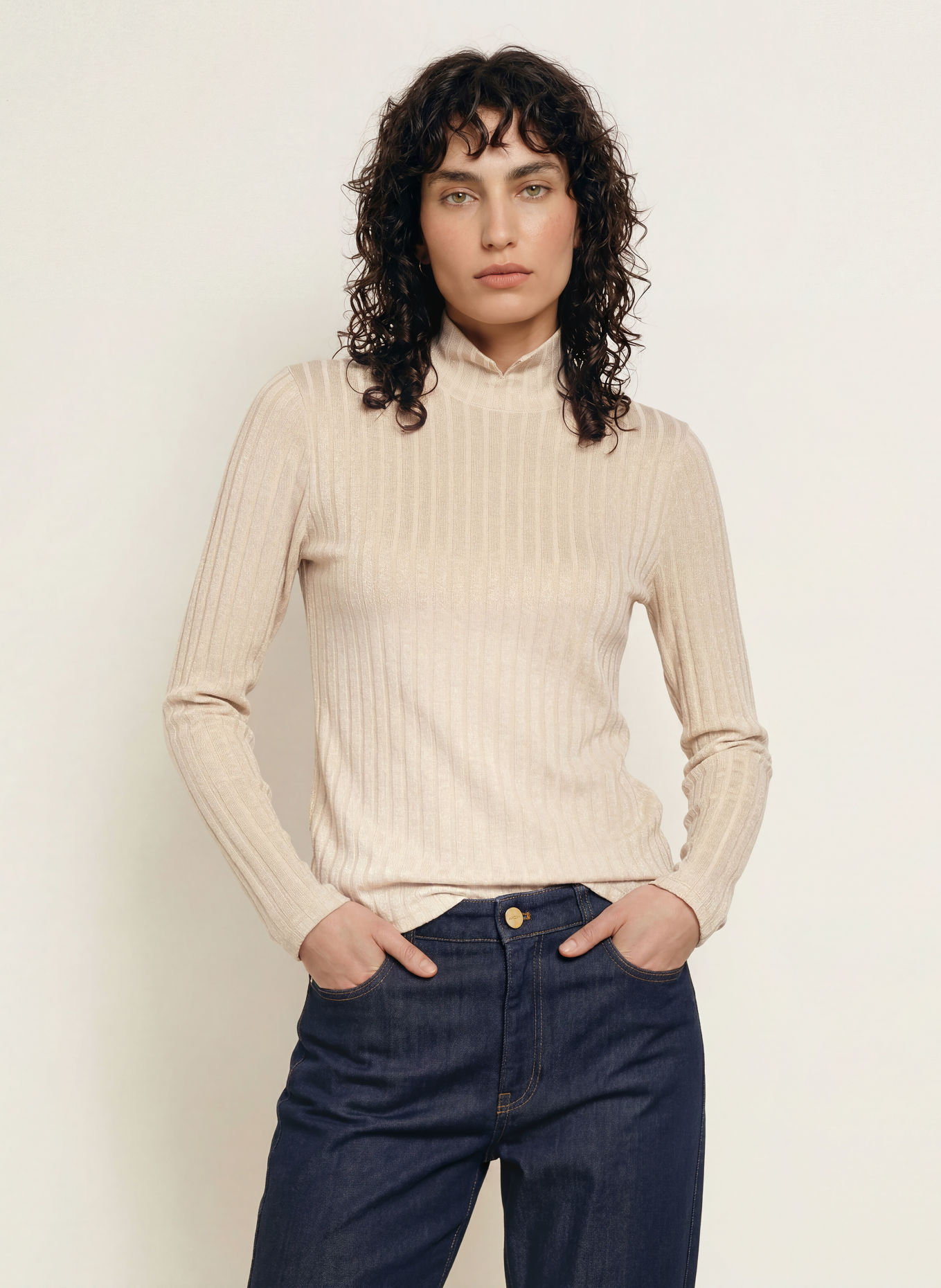 MARC CAIN Long-sleeve shirt with glitter yarn: 620 tannin