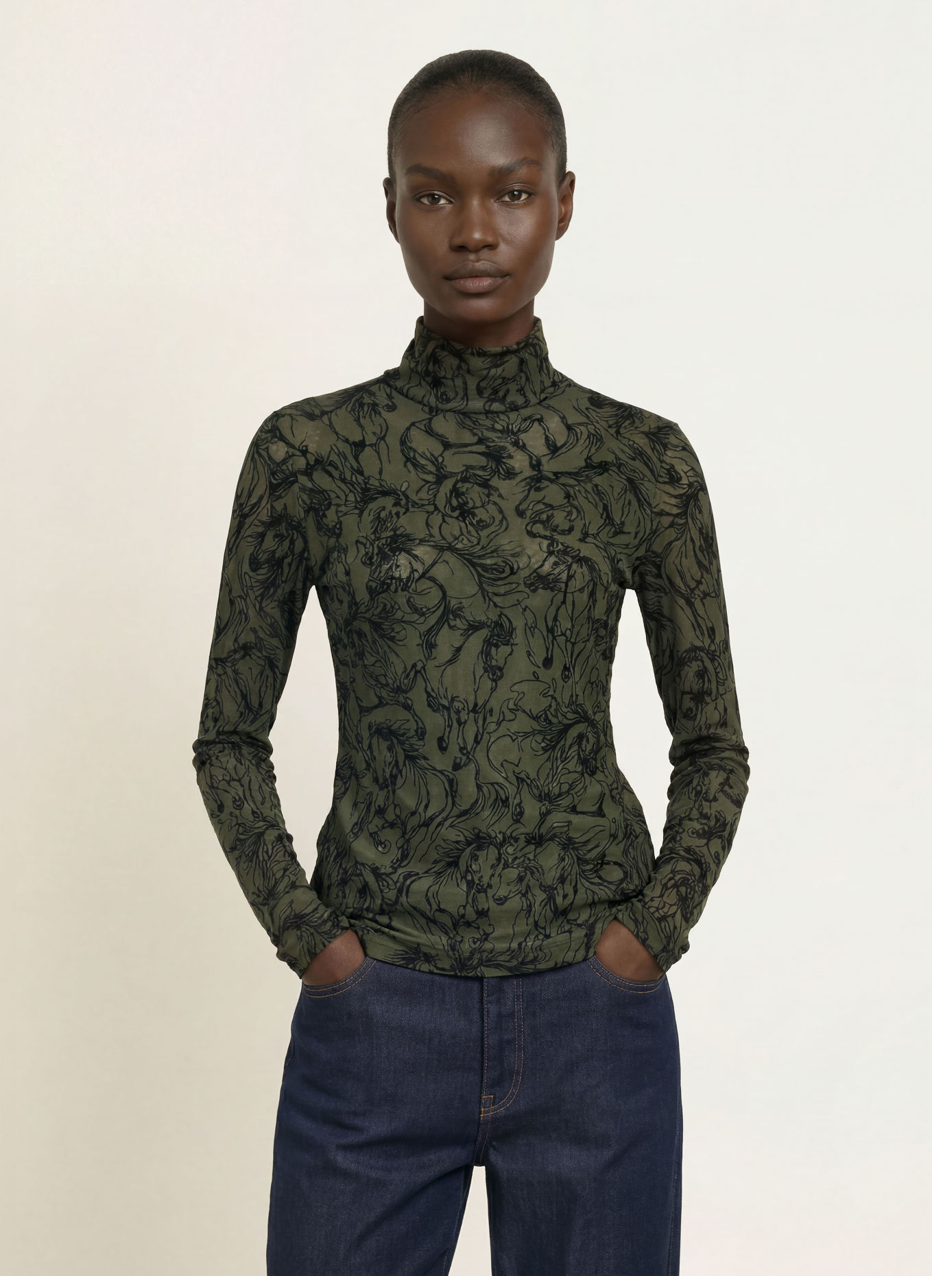 MARC CAIN Longsleeve met lange mouwen van mesh: 599 forest night new