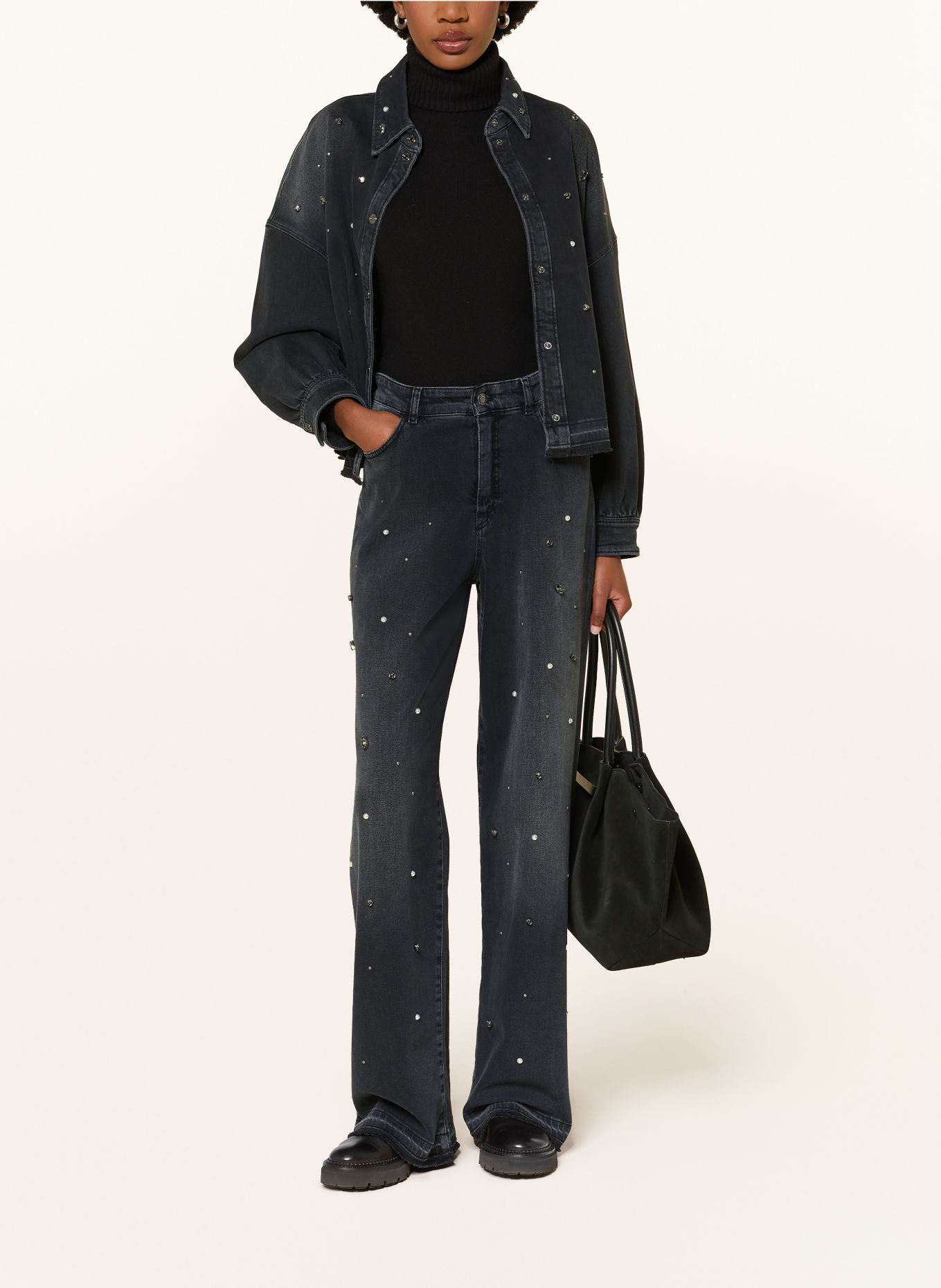 MARC CAIN WIGAN Wide-Leg jeans with Rhinestones and Beads: 900 black new