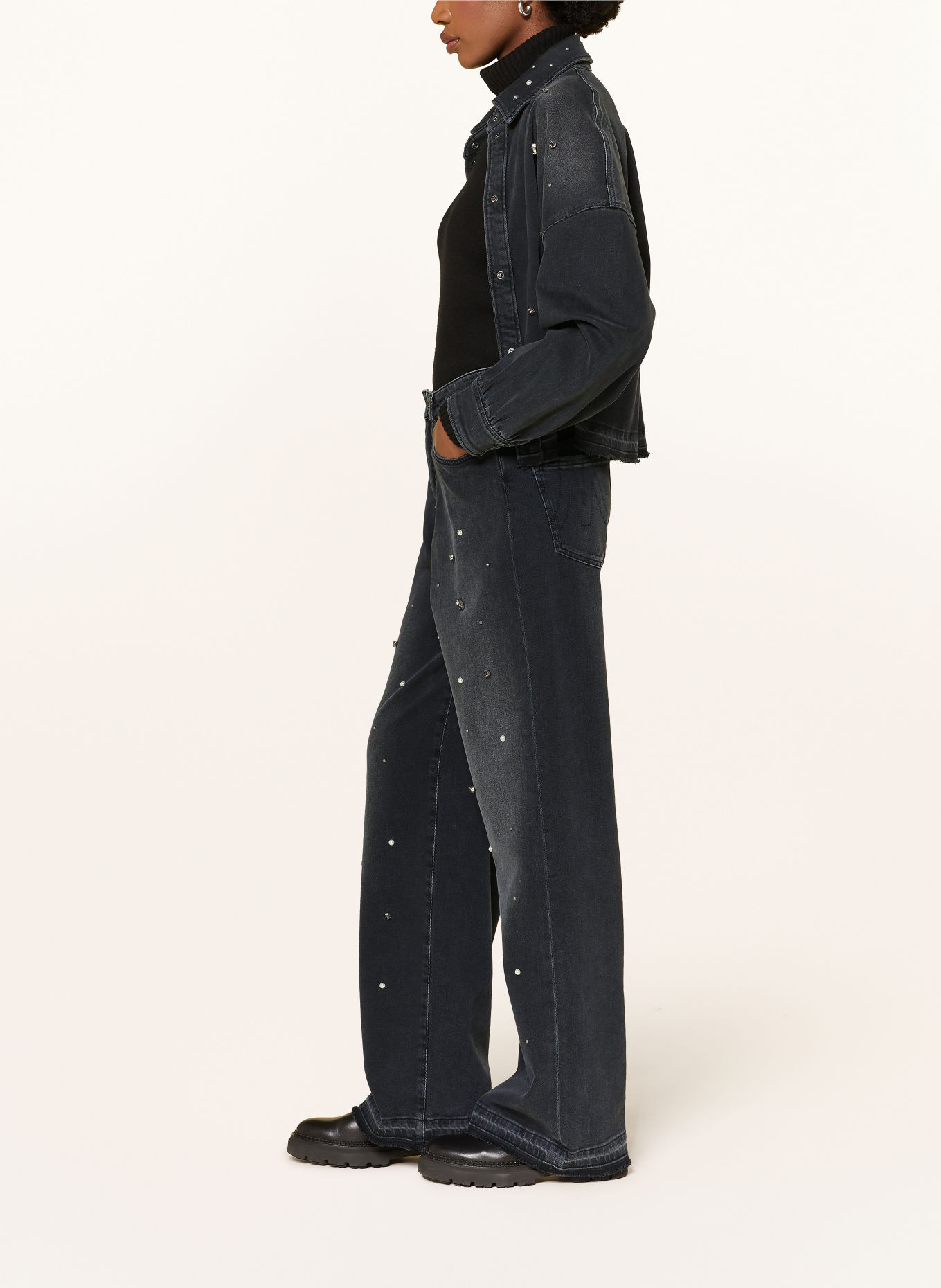 MARC CAIN WIGAN Wide-Leg jeans with Rhinestones and Beads: 900 black new