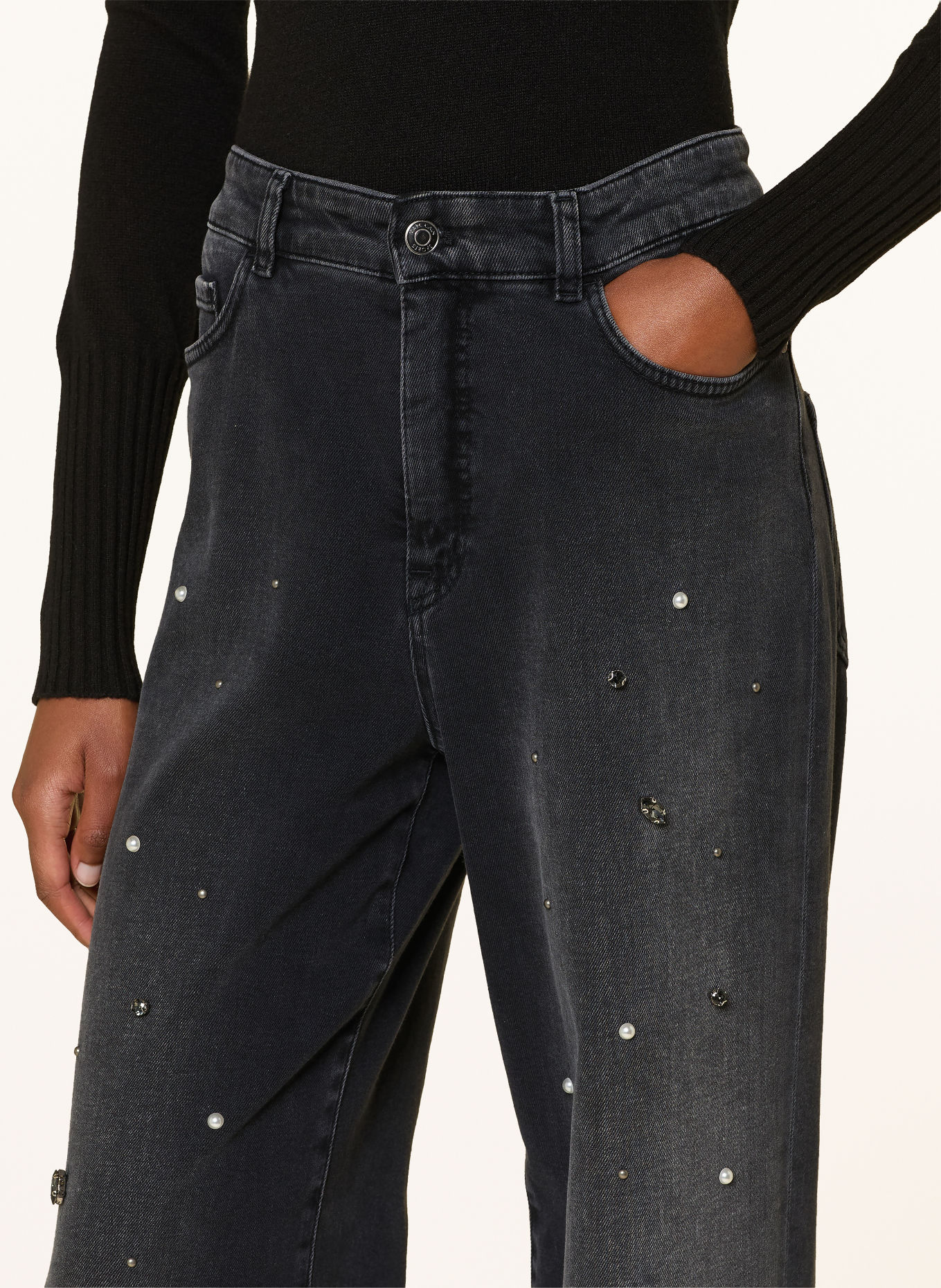 MARC CAIN WIGAN Wide-Leg jeans with Rhinestones and Beads: 900 black new