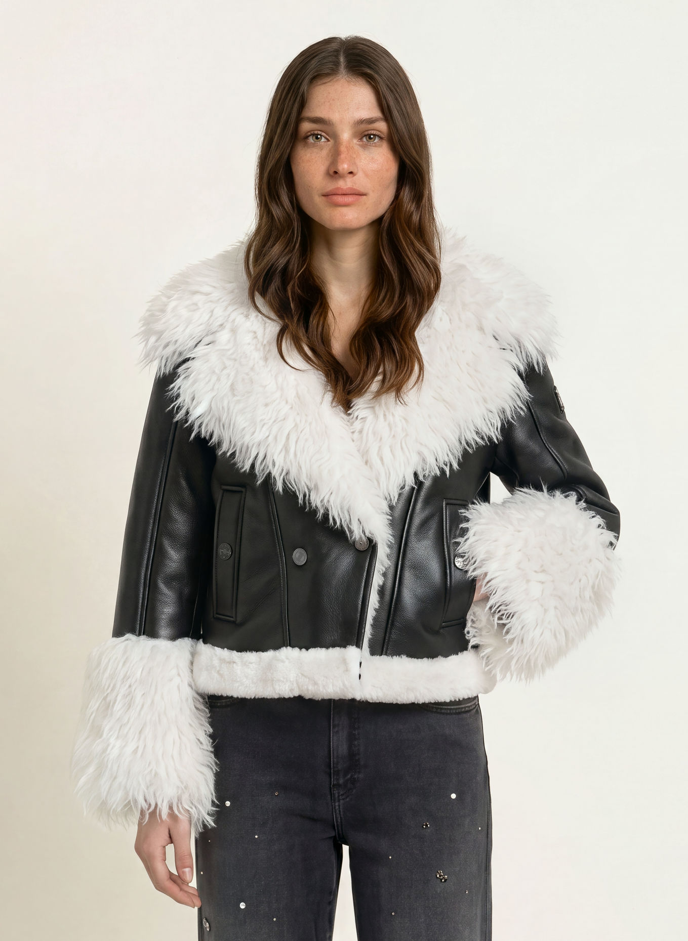 MARC CAIN Veste aspect cuir avec fourrure synthétique: 900 black new
