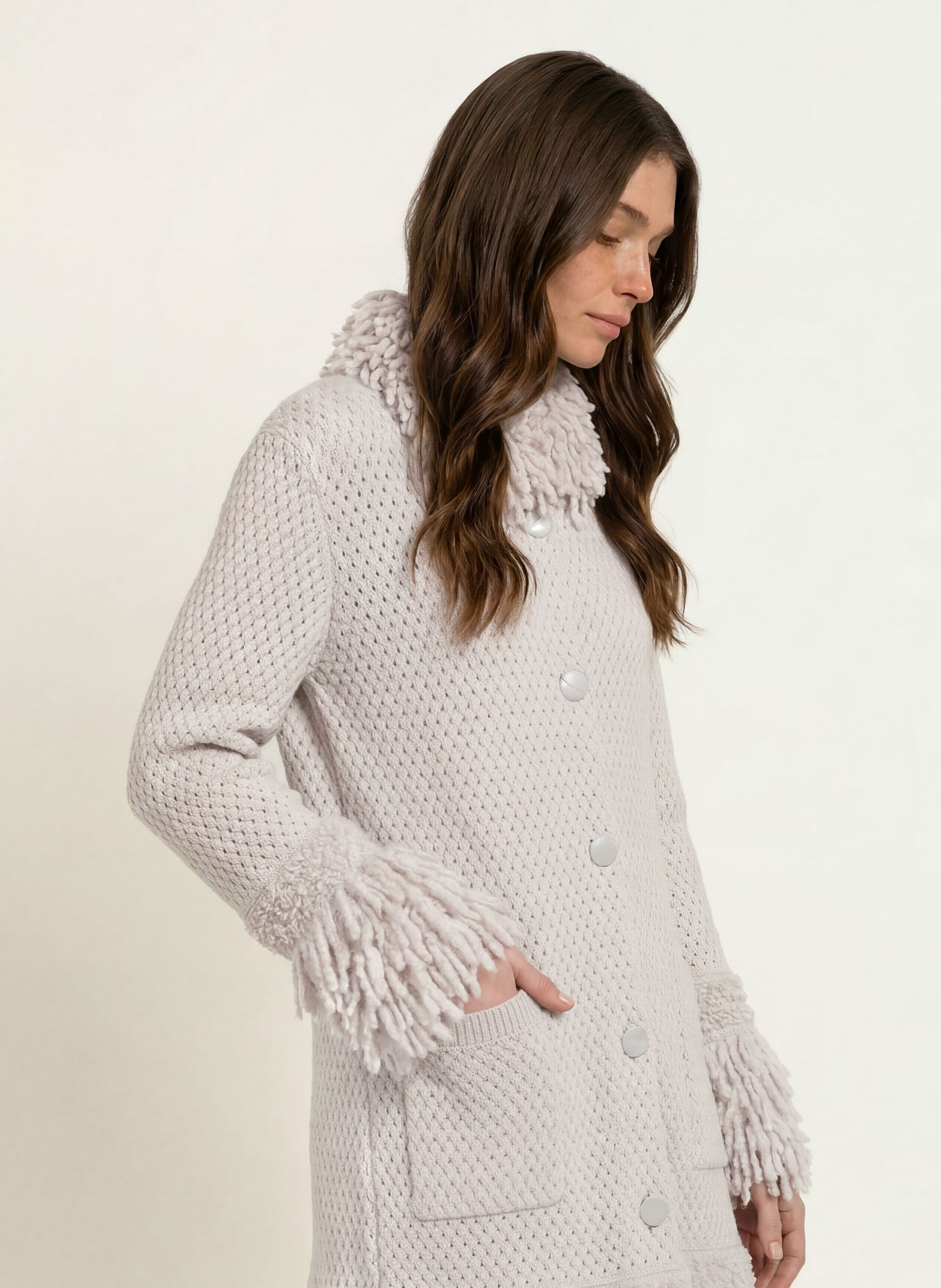MARC CAIN Strickmantel mit Cashmere und Pailletten: 802 nimbus cloud