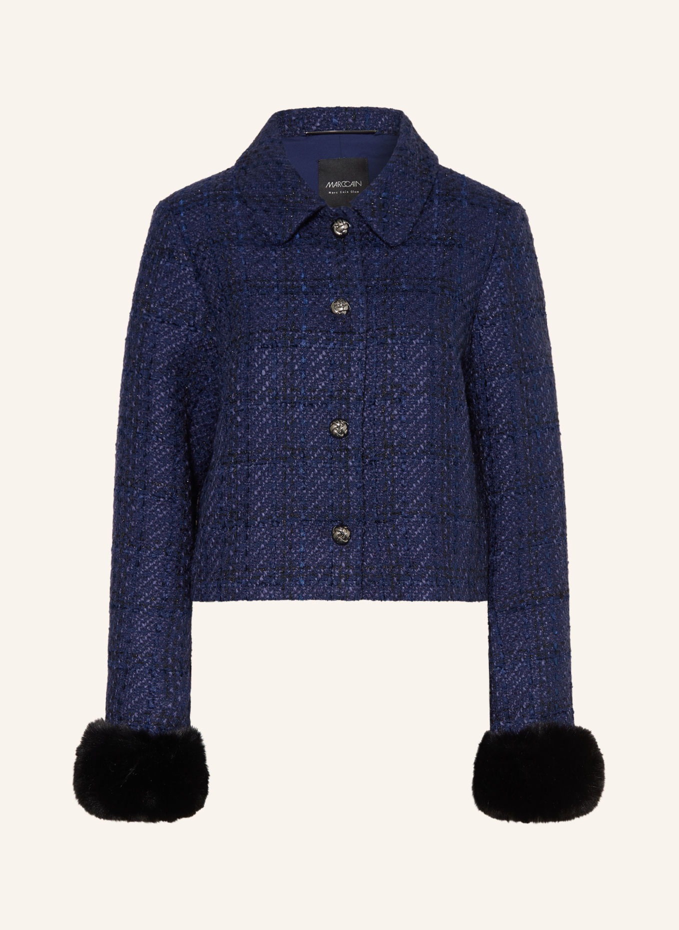 MARC CAIN Tweed-Jacke mit Kunstfell und Glitzergarn: 393 pageant blue