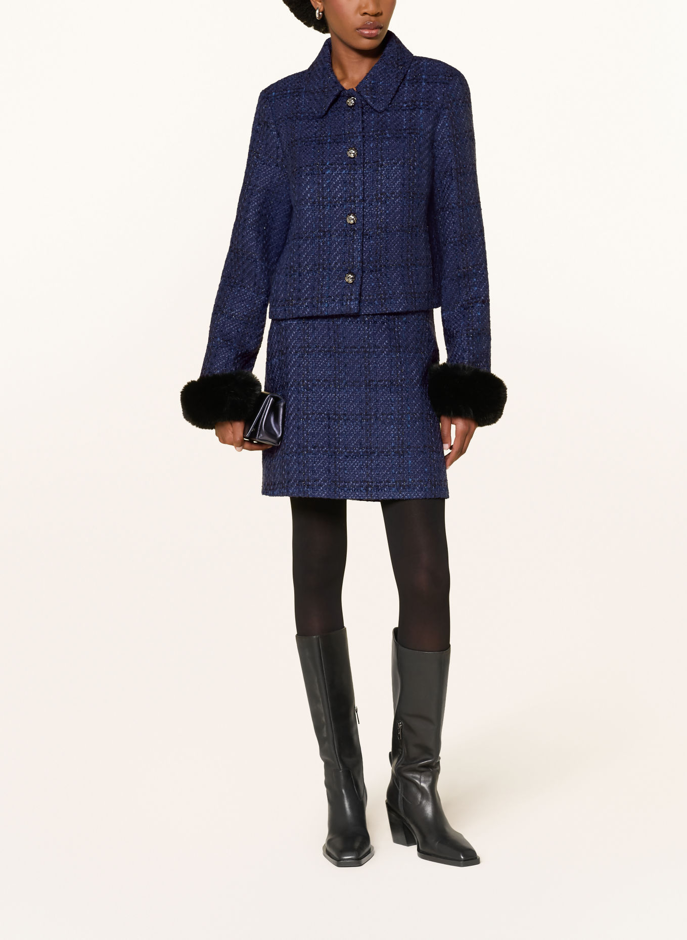 MARC CAIN Tweed-Jacke mit Kunstfell und Glitzergarn: 393 pageant blue