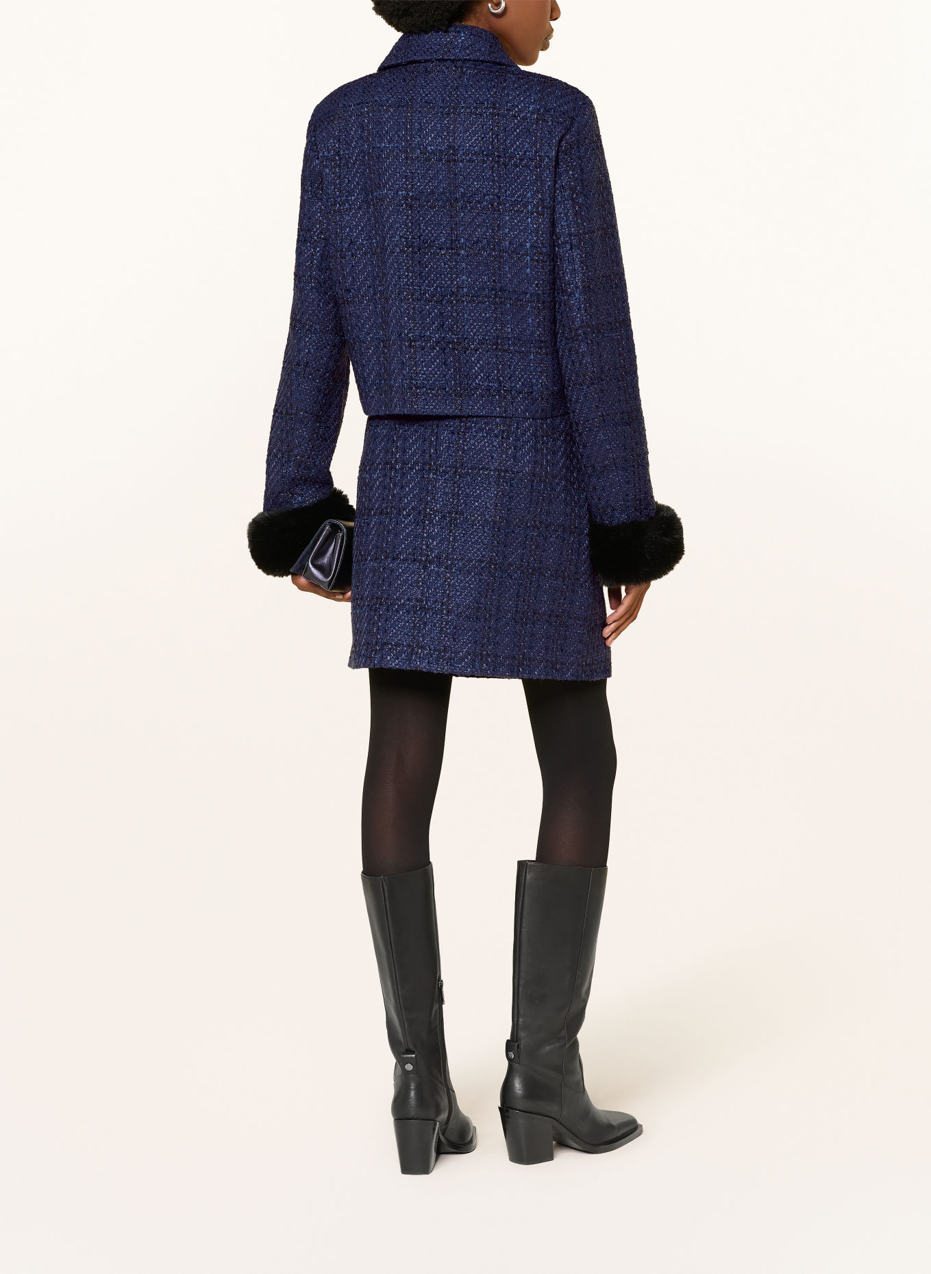 MARC CAIN Tweed-Jacke mit Kunstfell und Glitzergarn: 393 pageant blue