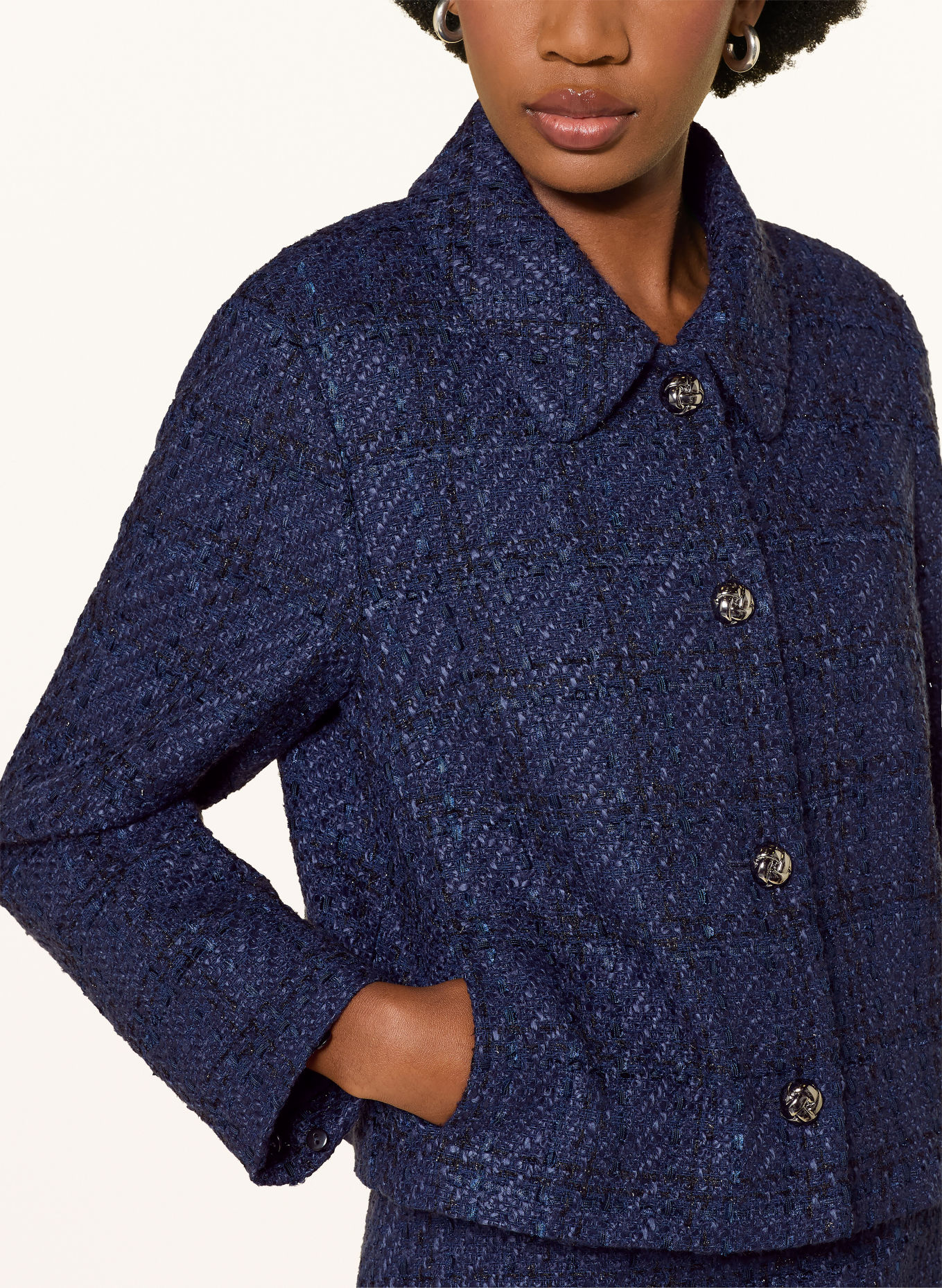 MARC CAIN Tweed-Jacke mit Kunstfell und Glitzergarn: 393 pageant blue