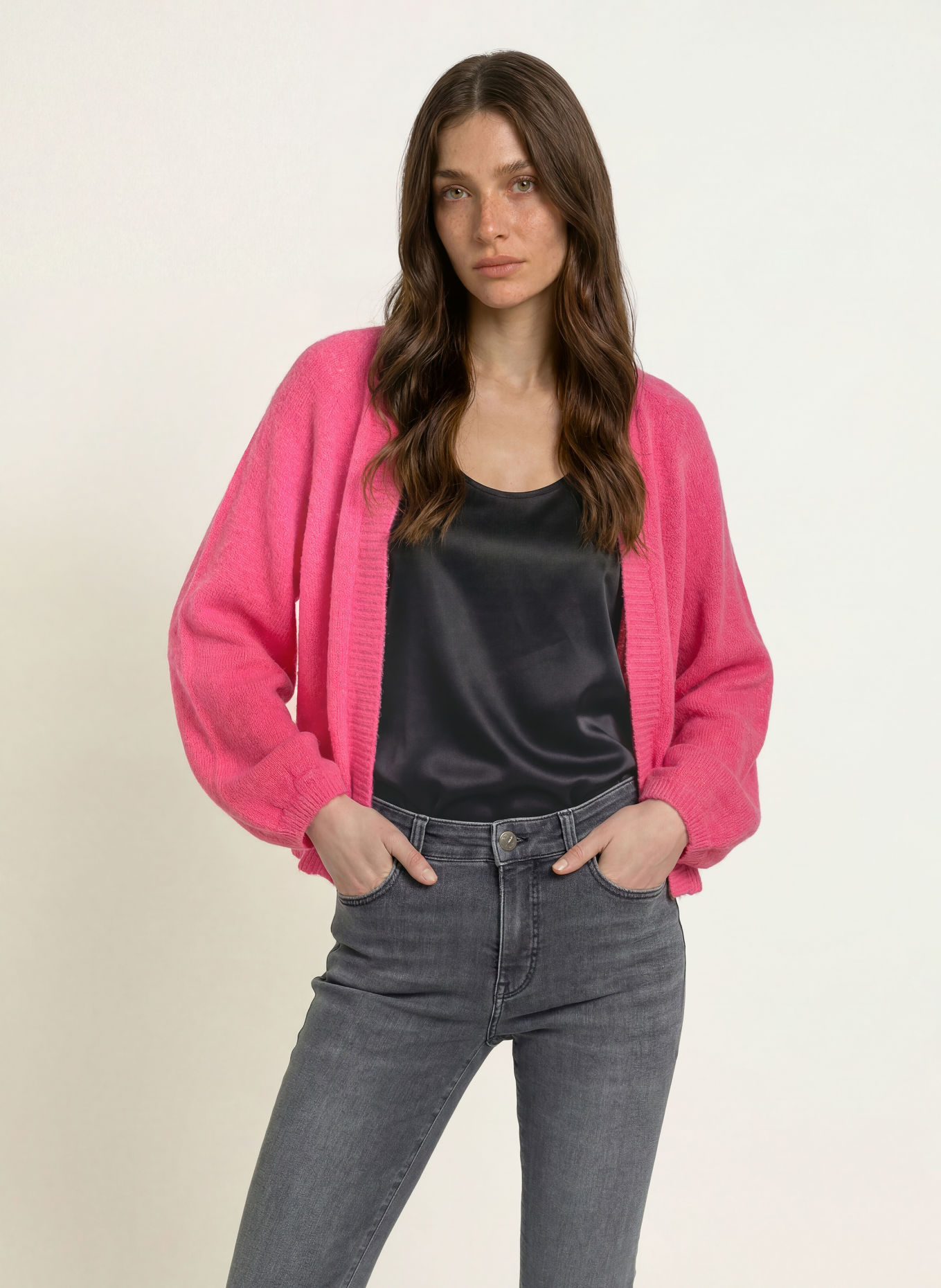 MARC CAIN Gebreid openvallend vest met alpaca: 244 dragon fruit