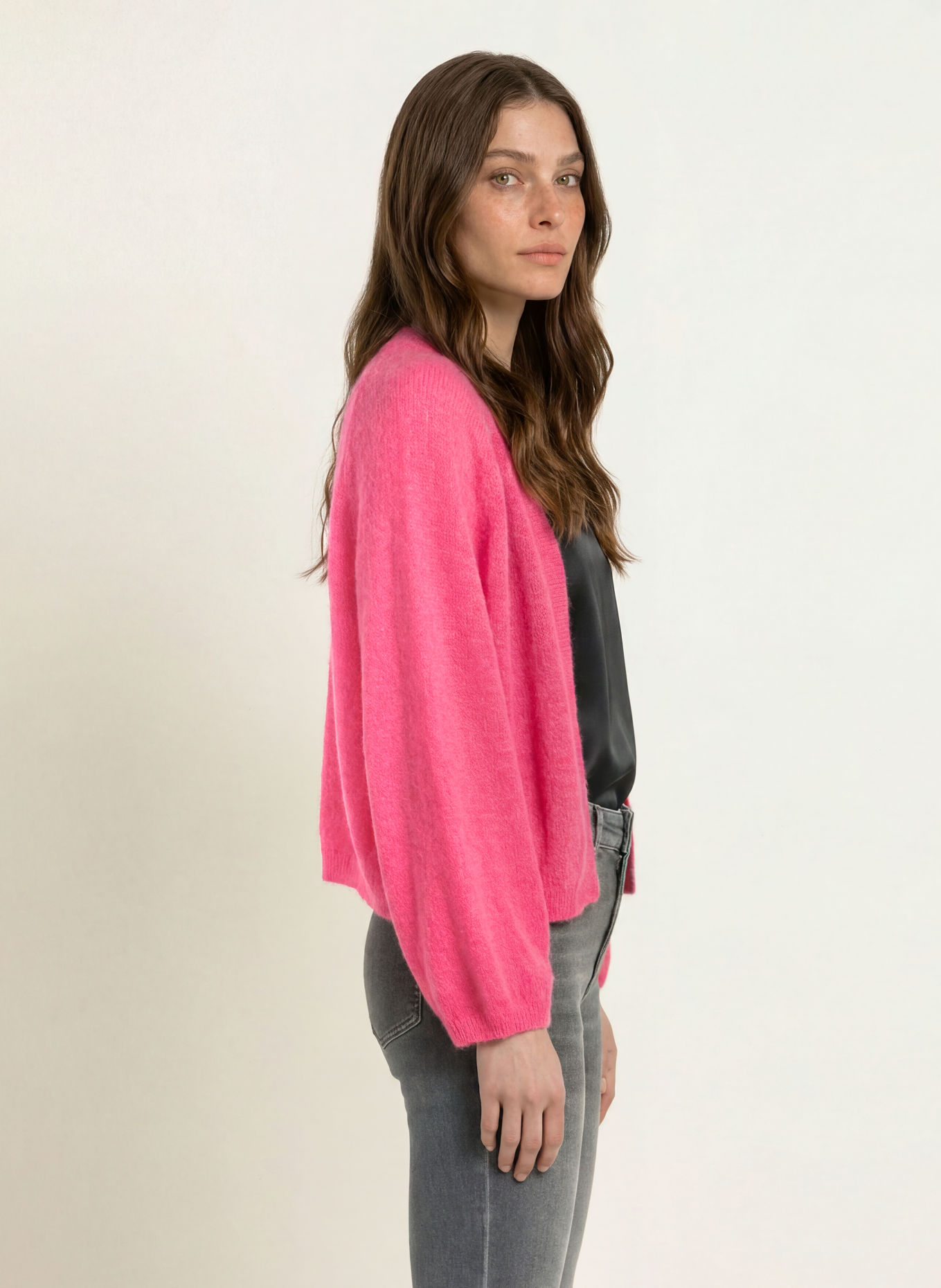 MARC CAIN Gebreid openvallend vest met alpaca: 244 dragon fruit