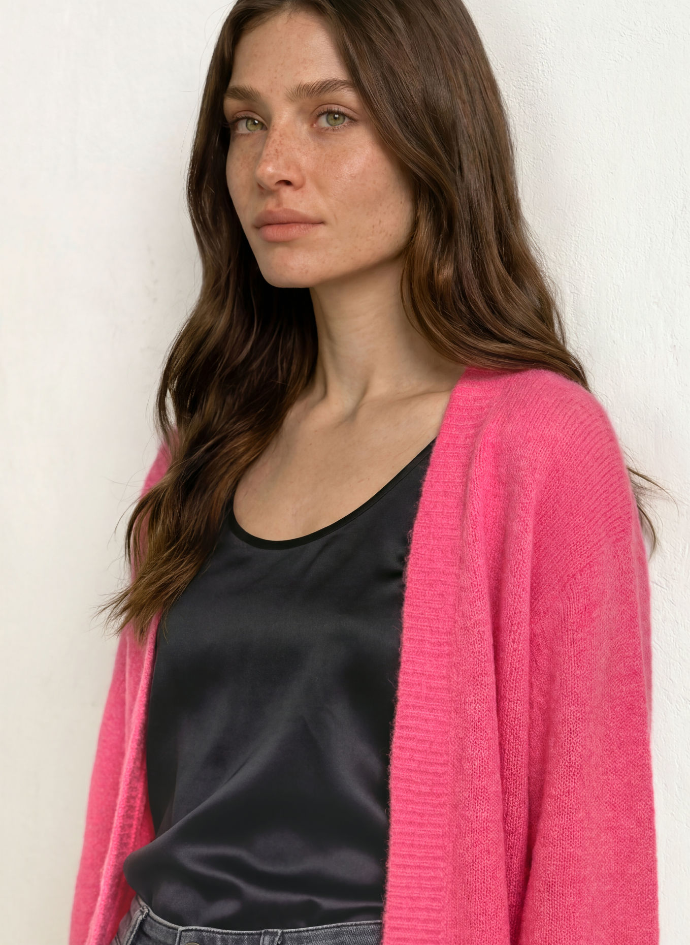MARC CAIN Gebreid openvallend vest met alpaca: 244 dragon fruit