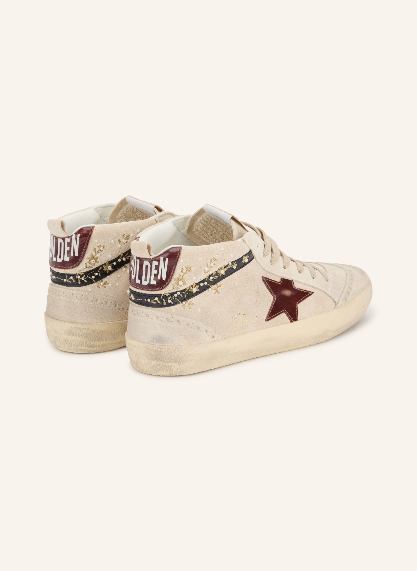 GOLDEN GOOSE Sneaker MID STAR mit Schmuckperlen: HELLBRAUN / DUNKELROT / SCHWARZ
