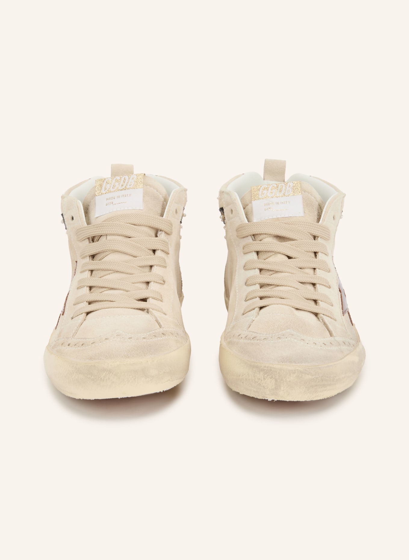 GOLDEN GOOSE Sneaker MID STAR mit Schmuckperlen: HELLBRAUN / DUNKELROT / SCHWARZ