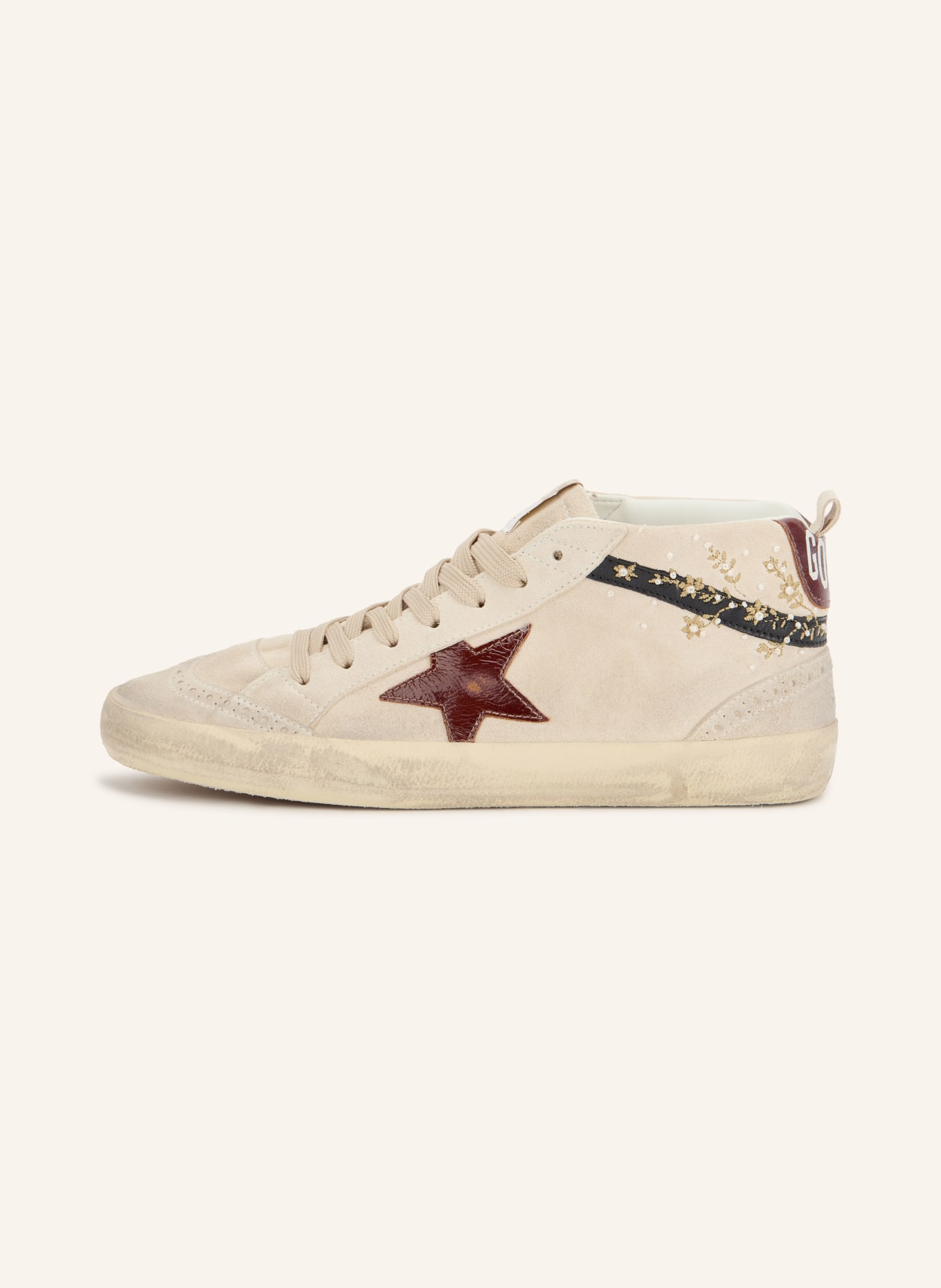 GOLDEN GOOSE Sneaker MID STAR mit Schmuckperlen: HELLBRAUN / DUNKELROT / SCHWARZ