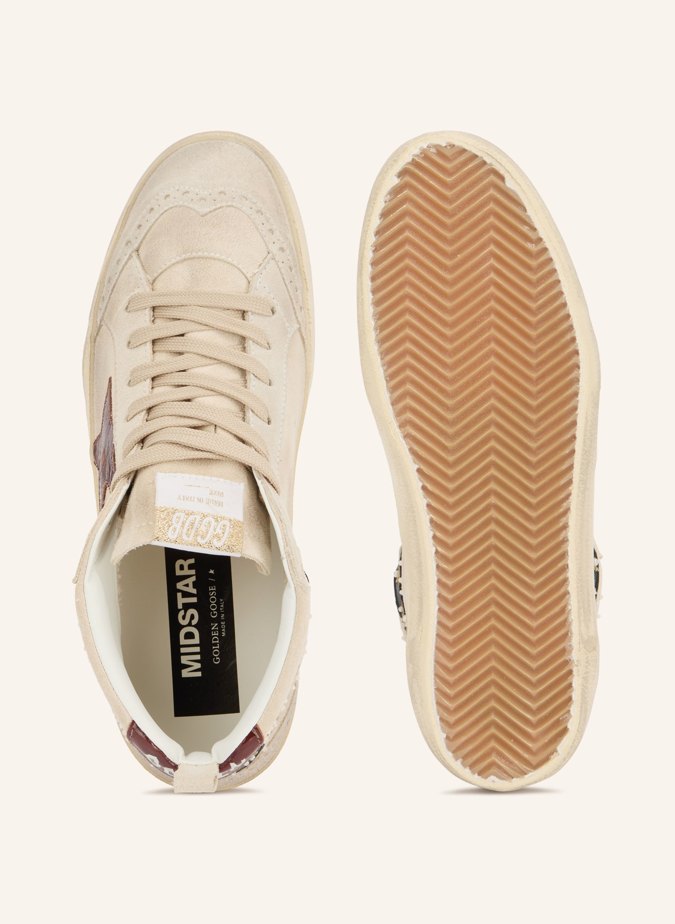 GOLDEN GOOSE Sneaker MID STAR mit Schmuckperlen: HELLBRAUN / DUNKELROT / SCHWARZ