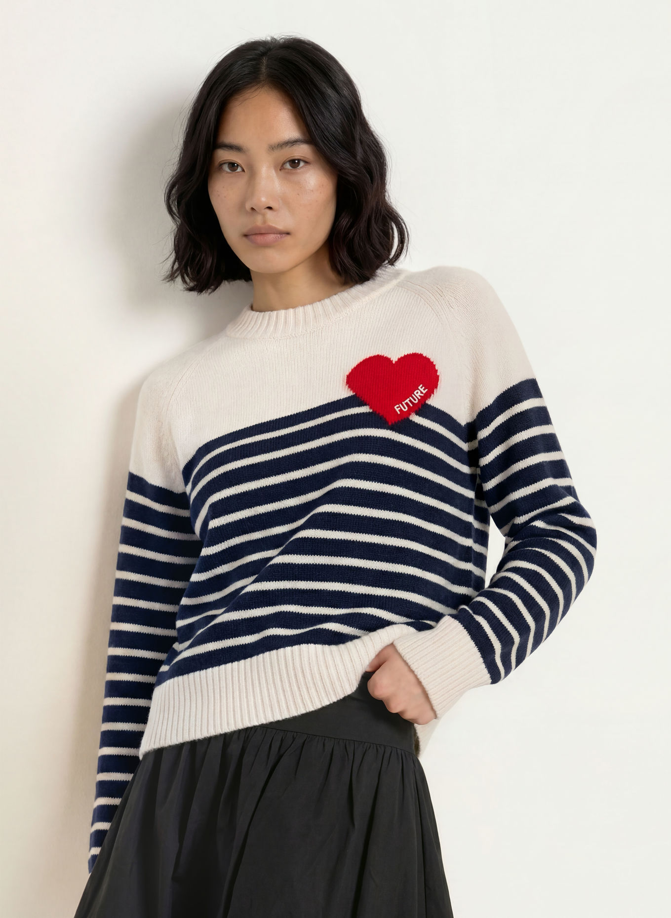 FROM FUTURE Cashmere-Pullover: WEISS / ROT / DUNKELBLAU